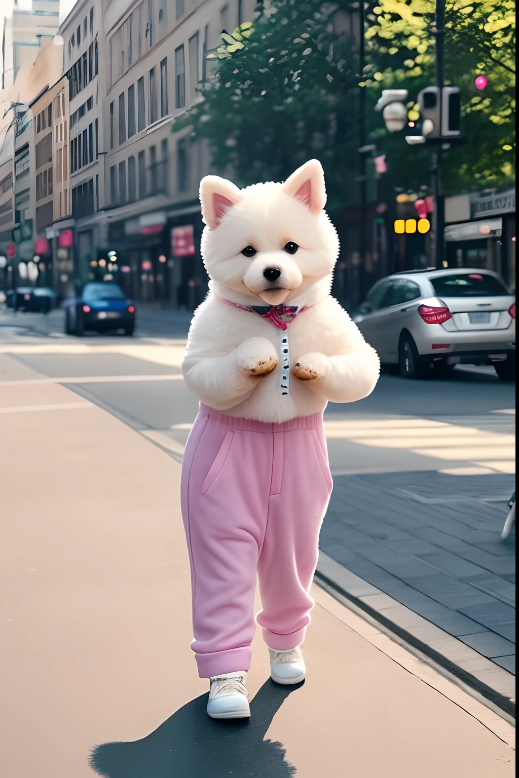 a cute puppy、A bipedal dog like a human、Wearing clothes、masterpiece、32K、full body Esbian、Walking、(Has a small:1.4)、professional photograpy、A little further away、For a stylish cityscape、endearing、plushies、Round eyes