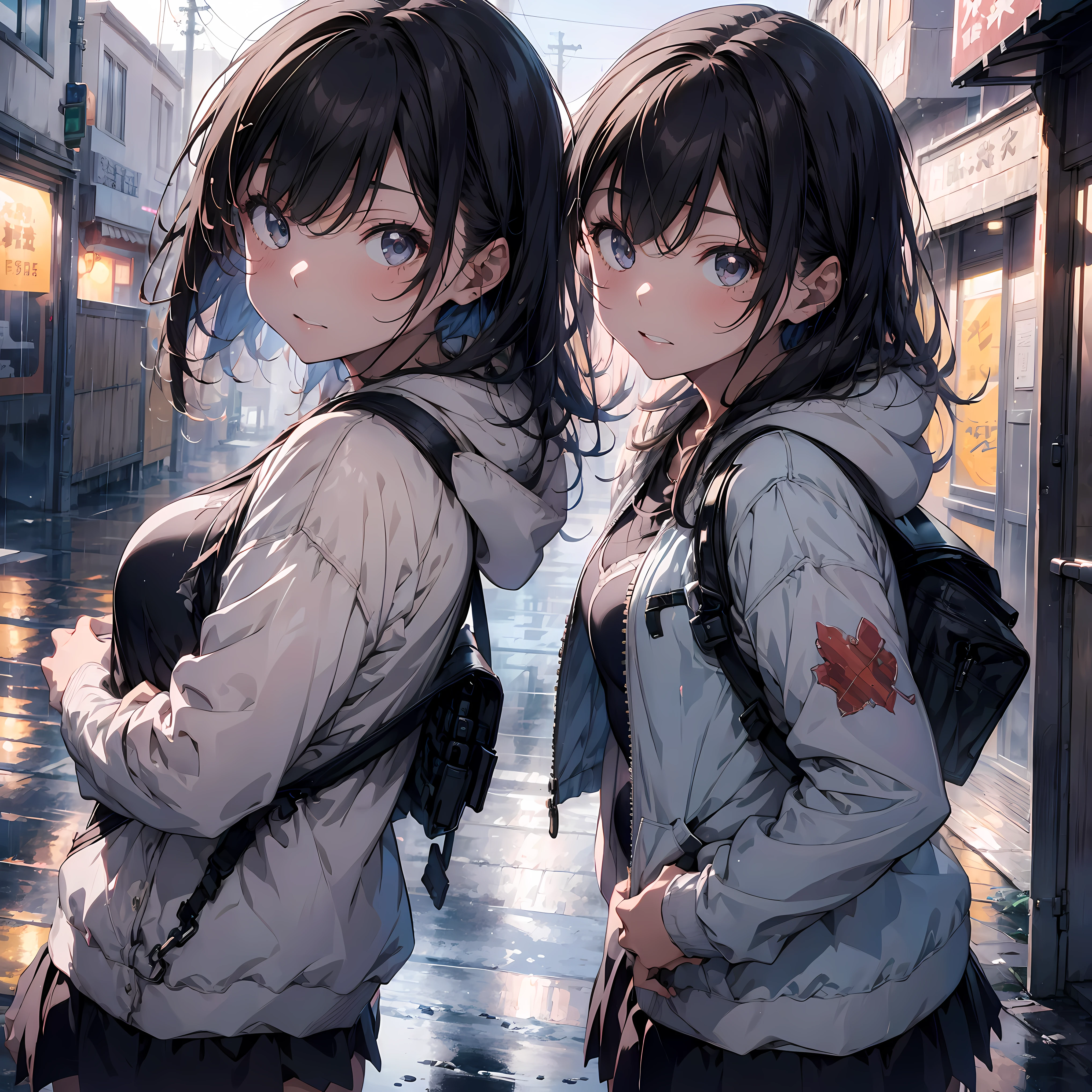 1girl, jacket, rain, outdoor, hoodie, open jacket, chain, backpack, looking at another, messy hair, trending on artstation, 8k resolution, highly detailed, anatomically correct, sharp image, digital painting, concept art, trending on pixiv, style of makoto shinkai,