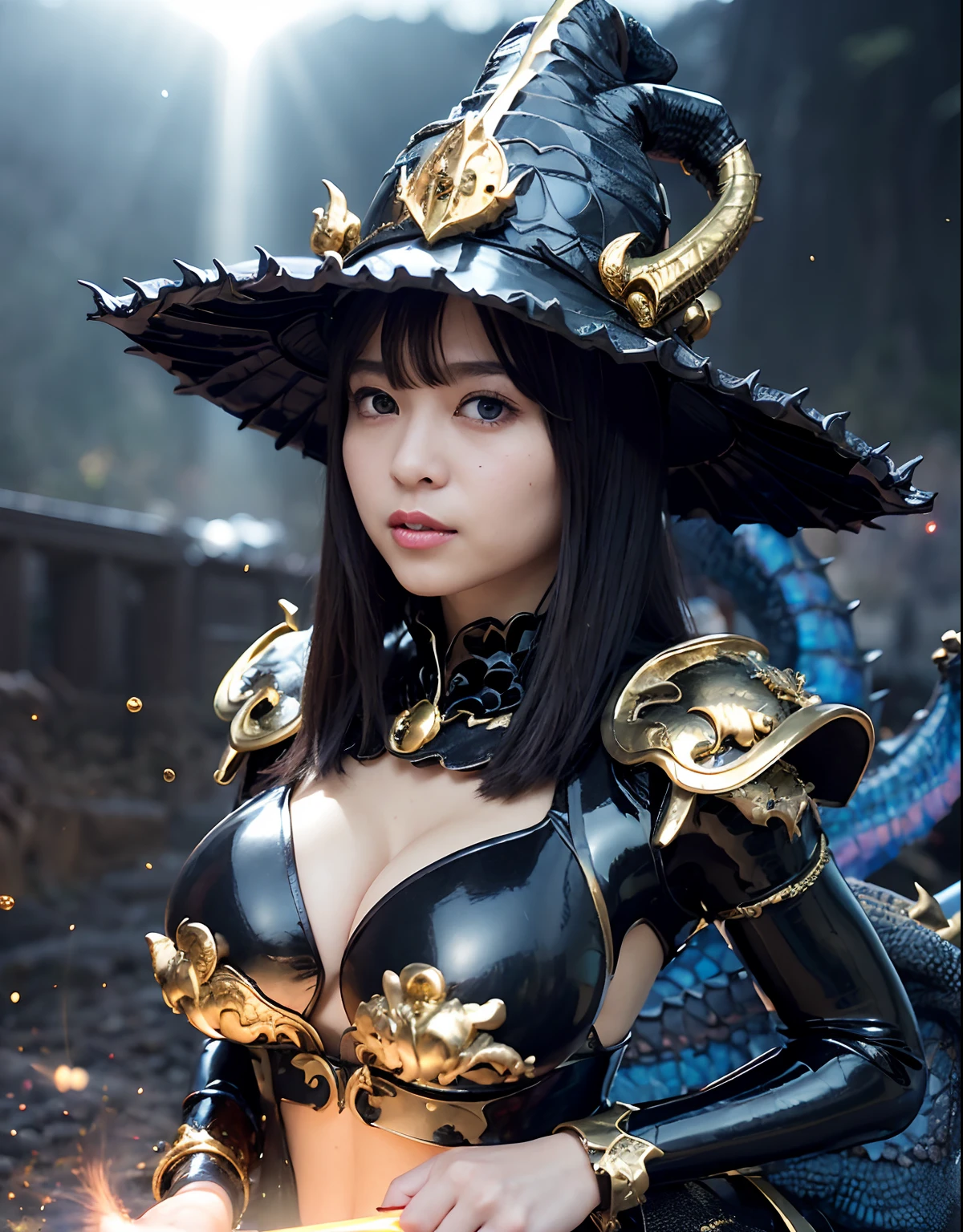 ((World of Darkness)),Professional , ​masterpiece、top-quality、photos realistic , depth of fields 、(((With a magic wand of gems))),（Dragon Black Metal Body:1.9),(latex black-blue、（cleavage of the breast）（Fight dragons）、、(((Particles of light))),（Micro Bikini Armor:1.7),Gorgeous gold weapons ,（Fight dragons）、Seductive look、（blood splattere、（(((With a magic wand))), ） , (((Wearing a black latex wizard hat))),（demonic wings）   ,（（a blond））、（Castle background）、（（Gangle's forest background））、Beautiful Caucasian beauty、１a person、dynamic ungle,(((Detailed and ornate dragon wizard hat)))、Smaller head、A smile、Castle background、Thin and beautiful female hands、cleavage of the breast、Soldier in iron armor on background、Mystical expression、Light Effects、intense fighting、Wind-effect、magic circles、With the legendary magic wand、Dragon's tail、explosions、Toostock、Toostock、