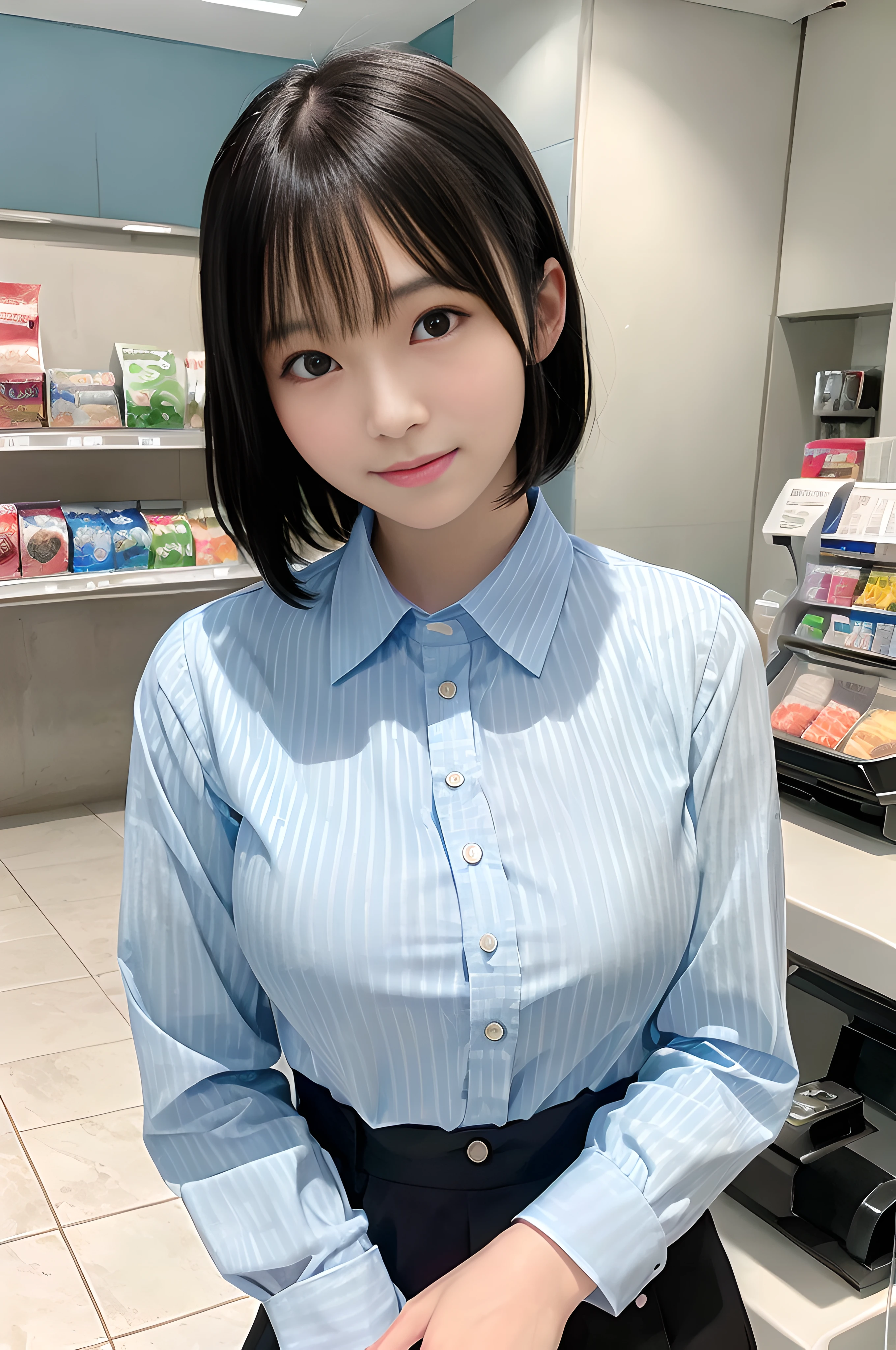 masterpiece, best quality, photorealistic, raw photo, DSLR, 15-year-old beautiful Japanese girl, shiny fair skin, realistic beautiful no makeup face, realistic beautiful bright eyes, double eyelids, look at viewer, smiling, highest detailed shiny black short hair and bangs, disheveled hair, slim figure, slim face, slim waist, big breasts, ((convenience store clerk, light blue vertical striped collar shirt, work at cash register)), realistic lighting and shadows, depth of fields, highest delicate and beautiful photo, ultra high resolution, 8k UHD wallpaper,