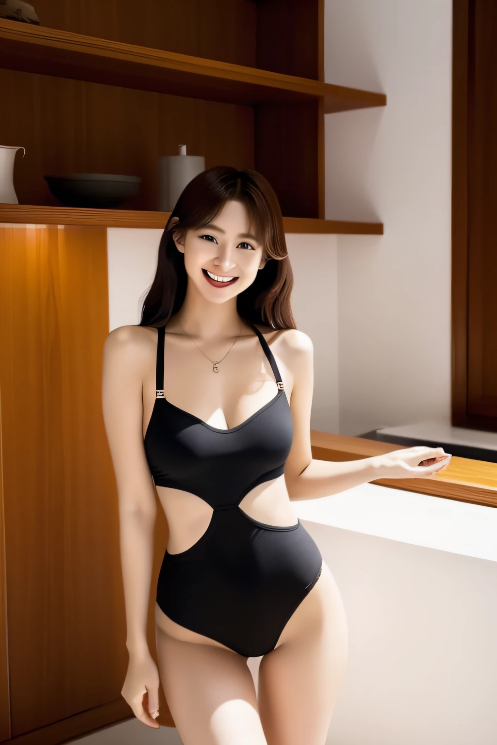 Enamel Bodycon、Bodysuits、Long body、Underpants、Butt sticking out pose、a miniskirt、Full smile