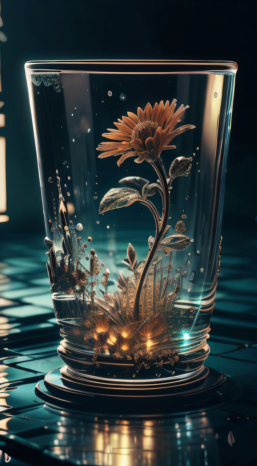 A masterpiece of glass sculpture，There are calendula soaked in glass，The inside is filled with dark red transparent water，with light glowing，fanciful，high qulity，high detal，best qualtiy，RTX，4K，8K，The overall picture is bright，warm