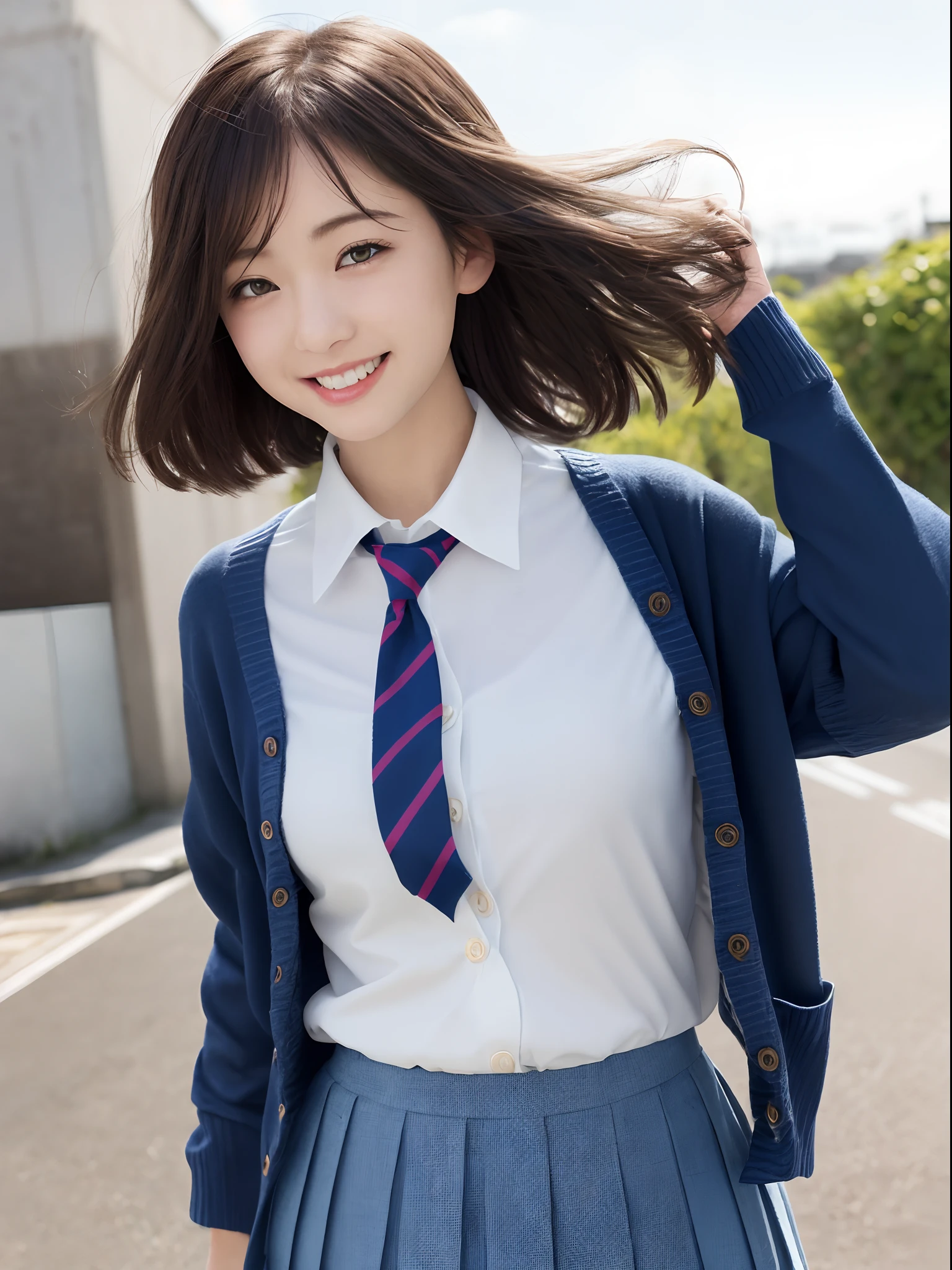 (masutepiece:1.2, top-quality), (Realistic, Photorealistic:1.4), Beautiful illustration,
view the viewer, full body Esbian, Front view:0.6,
1 girl, Japanese, High School Girl, (semi long hair:1.5, High ponytail:1.2), blown hair, Bangs, hair between eye, Large breasts:0.8,
Beautiful hair, Beautiful face, Beautiful detailed eyes, Beautiful collarbone, Beautiful body, beautiful boob, beautiful thigh, Beautiful legs, Beautiful fingers,
(Beautiful scenery), , School,
((Collared shirt, White shirt, School uniform, Cardigan, Grey checked pleated skirt, Blue plaid bow tie)), White panties,
Standing, Walking,
Smile