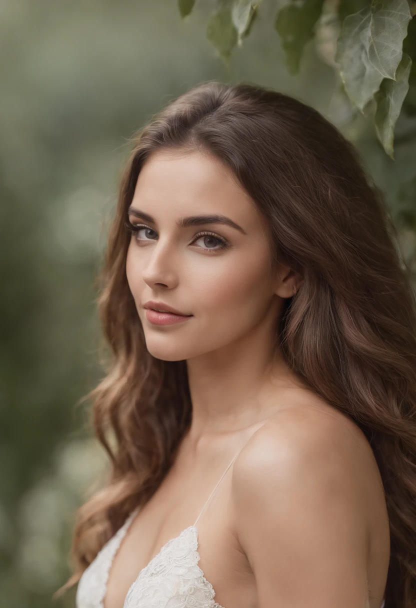 beautiful 18 year old woman, brown hair, green eyes, gentle smile, close up photo of her face, looking directly at camera, beautiful, sexy