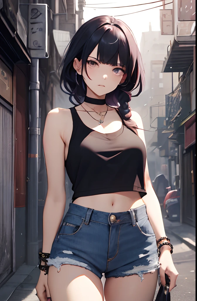 (((best qualtiy,tmasterpiece))),highly detailed,复杂,Beautiful cool avant-garde((1girll)),独奏,,Wear a sleeveless cropped top,Lavender long braid hair,choker necklace,baggy jeans,Dystopian city alleys Smiling face