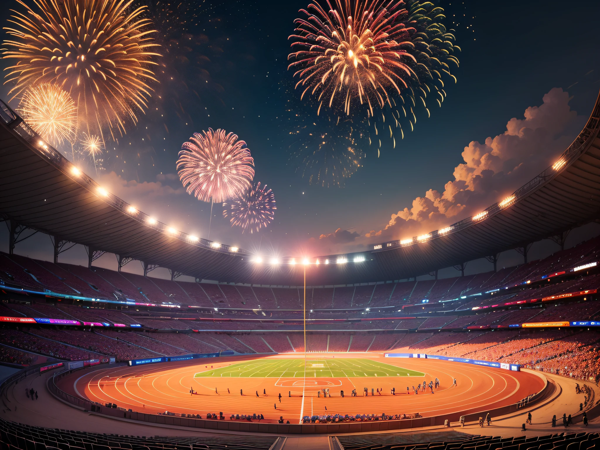 firework ceremony around the stadium, super detailed, best quality, masterpiece