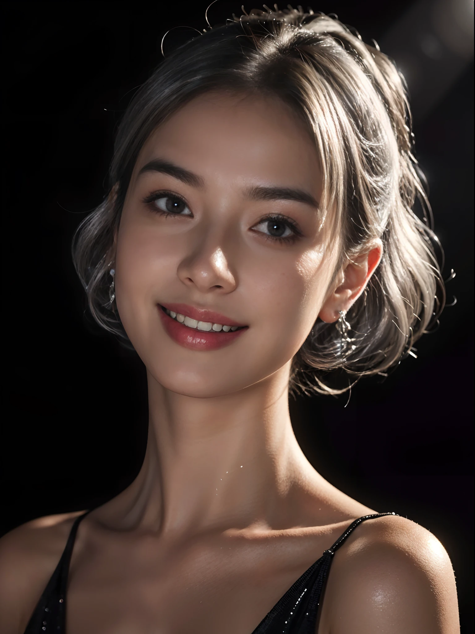 Best quality, masterpiece, ultra high res, (photorealistic:1.4), raw photo, 1girl, silver hair, Formal Updo,shiny skin, dramatic lighting,(smile:1.2)