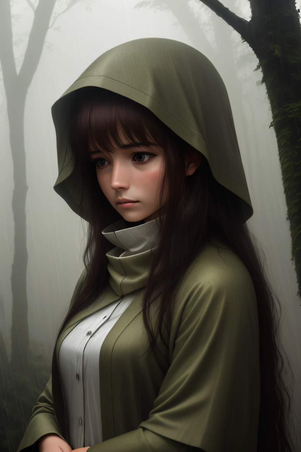 a lonely and sad lady in a remote forest during a heavy downpour. She wears simple, earth-toned clothing, and the forest is shrouded in mist and darkness, emphasizing her isolation and sadness