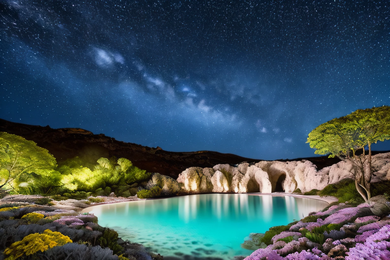 grotte, eau, fleurs, Star sky, la plus oeuvre du monde, plantes grimpantes, espace, glinting stars