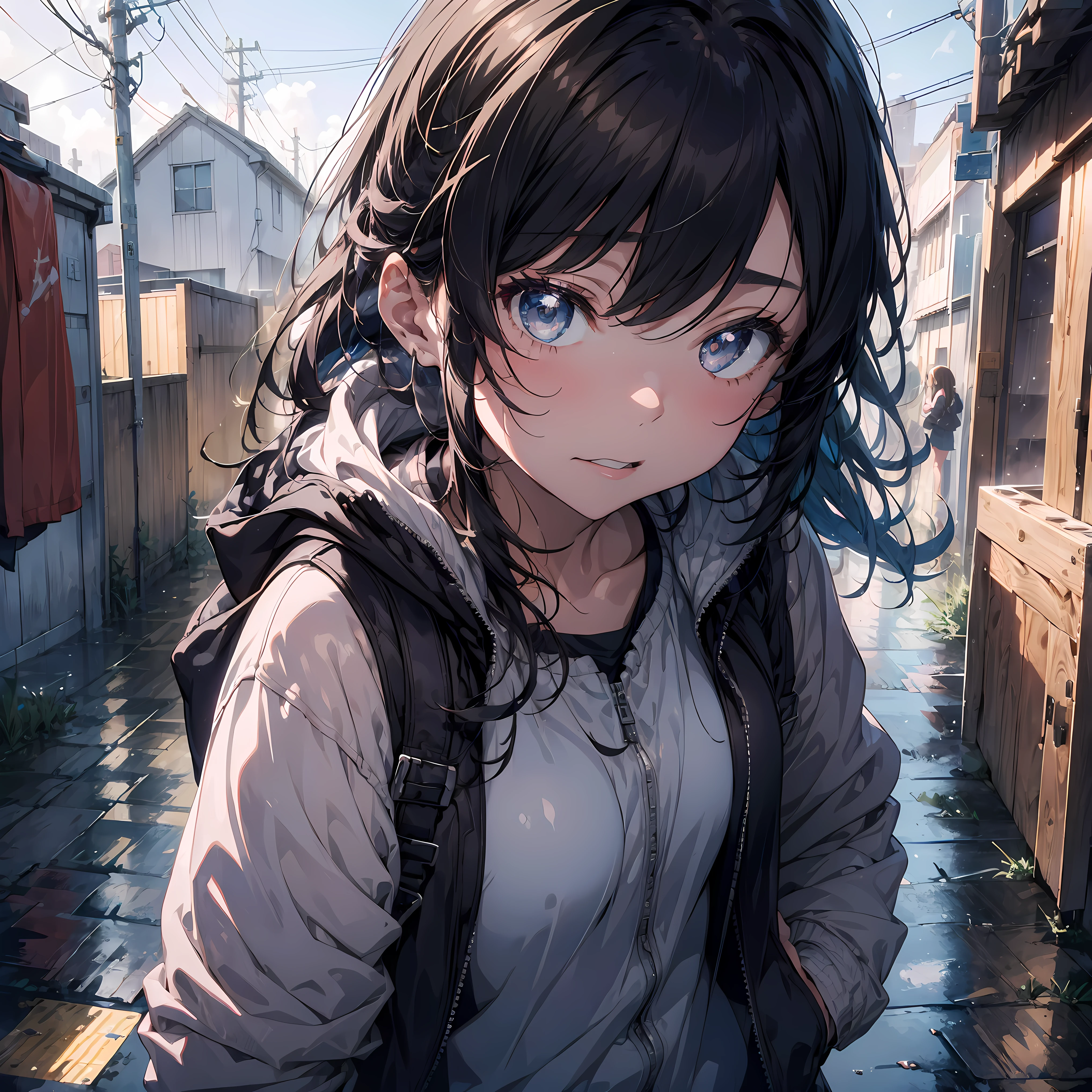 1girl, jacket, rain, outdoor, hoodie, open jacket, chain, backpack, looking at another, messy hair, trending on artstation, 8k resolution, highly detailed, anatomically correct, sharp image, digital painting, concept art, trending on pixiv, style of makoto shinkai,