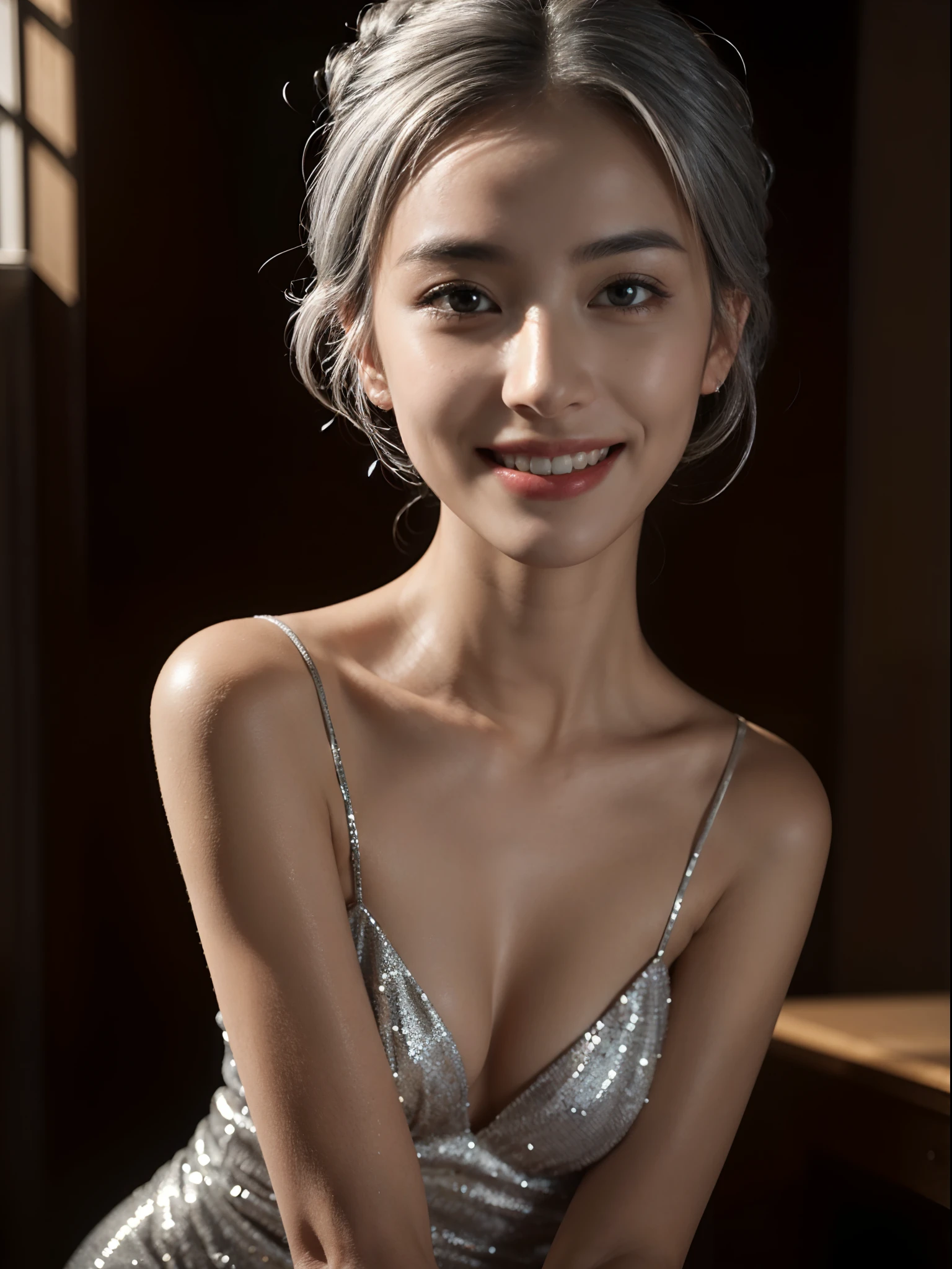Best quality, masterpiece, ultra high res, (photorealistic:1.4), raw photo, 1girl, silver hair, Formal Updo,shiny skin, dramatic lighting,(smile:1.2)