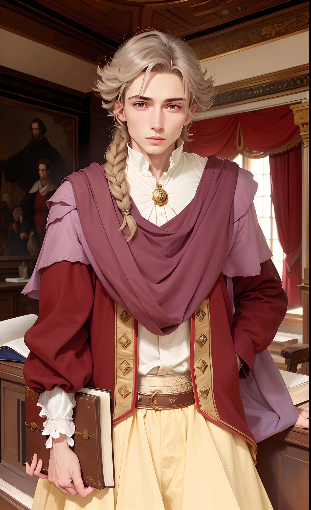 Antonio Pigafetta, 16th century, renaissance, age of exploration, beautiful androgynous, holding a book, wearing a painter's hat, age of 32, young, man, Italian, the greatest of all the times, very handsome, white skin, very delicate, very weak, official, scholar face, chronicler, very ambitious, hero,impressive, daring, energetic, playful, very curious, intelligent, clever, very attractive, thin body, bright, loyal, decisiveness, sophisticated, elegant,polite, open-minded, cautious, optimistic, amiable, peaceful, social