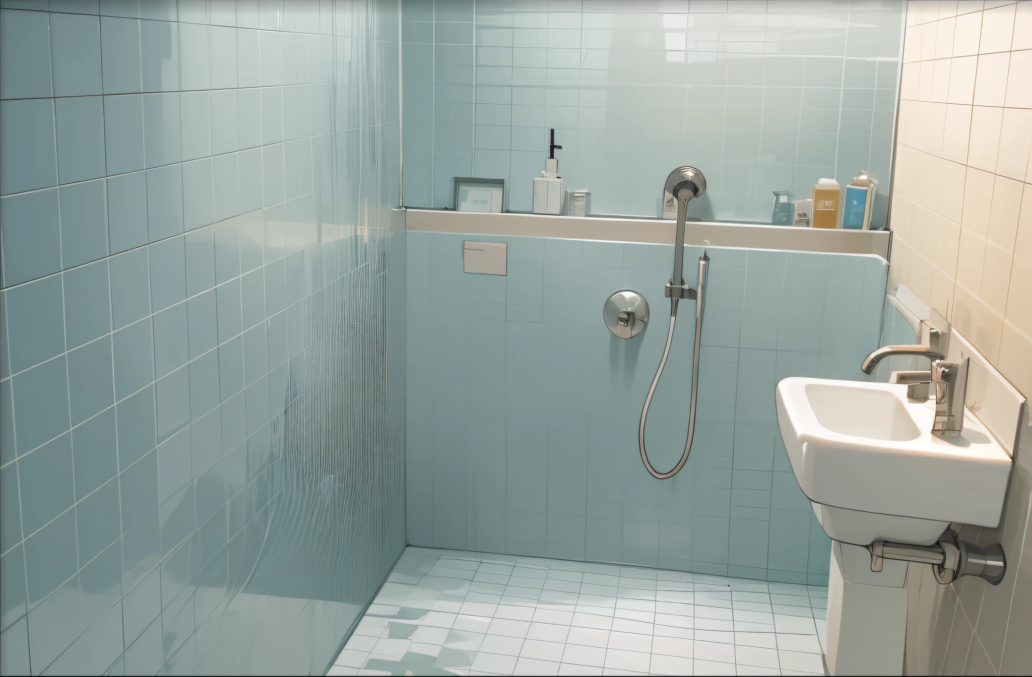 ((Background tiled wall)),((Floor tiling)),Shower and faucet on the left wall,bathroom