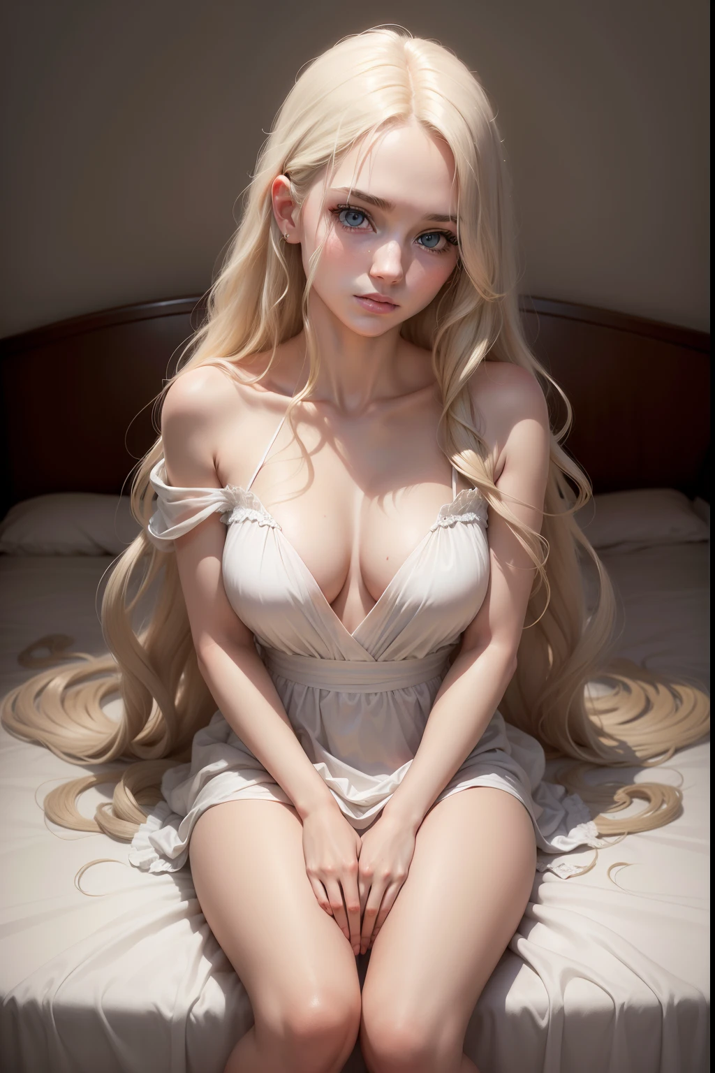 Photo of a 20-year-old European girl, raw, Beautiful woman, (Extra long wavy blonde hair), ((Portrait)), ((Detailed face:1.2)), ((detailed facial features)), (finely detailed skin), pale skin, , wrapped in a sheet, Bedroom environment, Sitting on the bed, (cold color), moist, moist, Reflectors, (masutepiece) (perfectly proportions)(photos realistic)(Best Quality) (Detailed) photographed in a Canon EOS R5, 50mm Lens, F/2.8, nffsw, (8K) (Wallpaper) (Cinematic lighting) (Dramatic Lighting) (foco nítido) (Convoluted) Fashion, From above