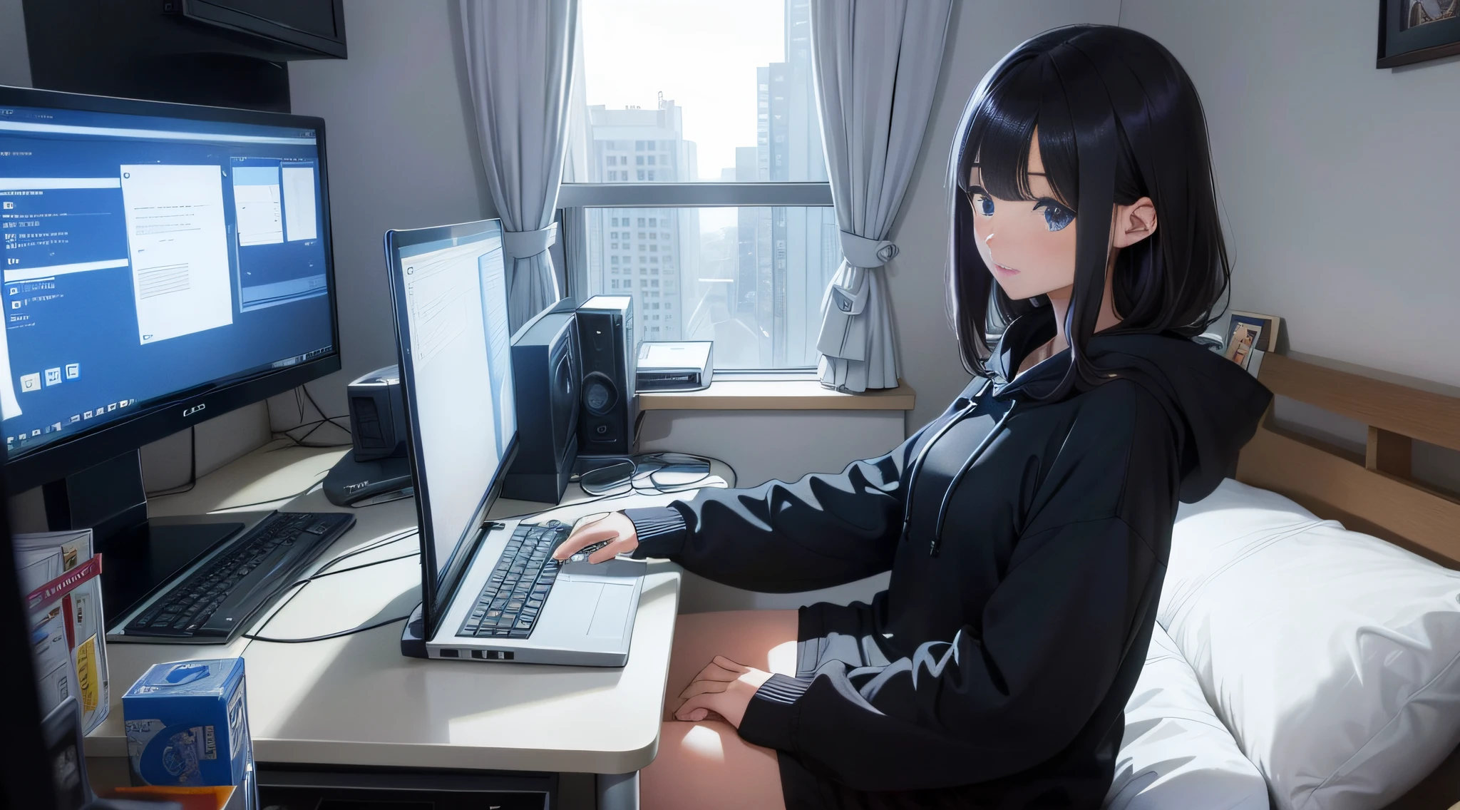 I am operating a computer at home in a high-rise apartment。I'm wearing a long-sleeved hoodie。Hair is short。