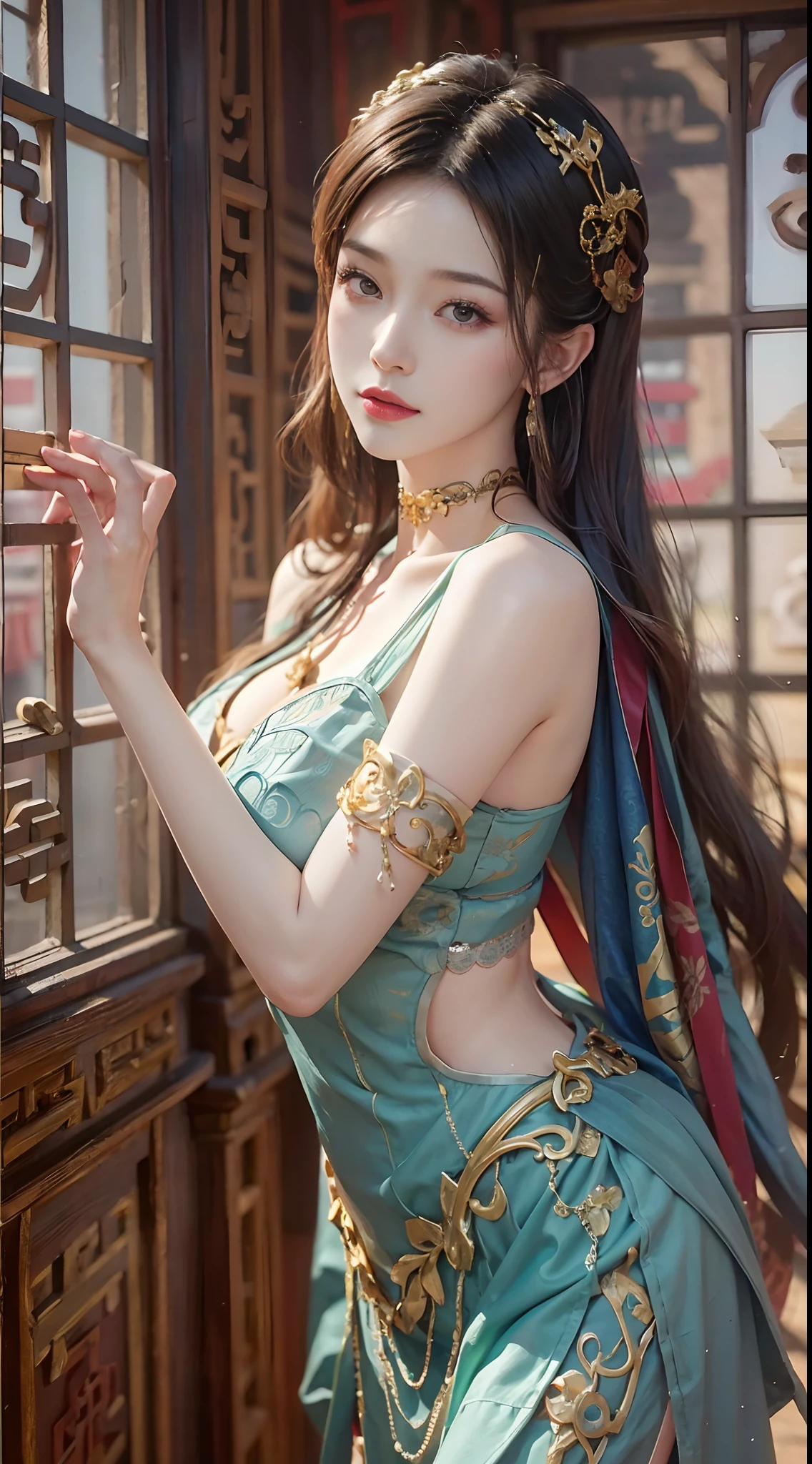 (From the outside) (shiny skins), many color,Best quality at best,tmasterpiece,photograph of-realistic,Complicated details,RAW photogr,Court,Gorgeous cheongsam in many colors,Extra-long hair,cropped shoulders,delicated face,decorations,Stand by the window,on cheongsam,Lace,underdressing,decorations,close-up from the front,looking to the camera,huge tit,Ornate ornament,dynamicposes,water bloom。