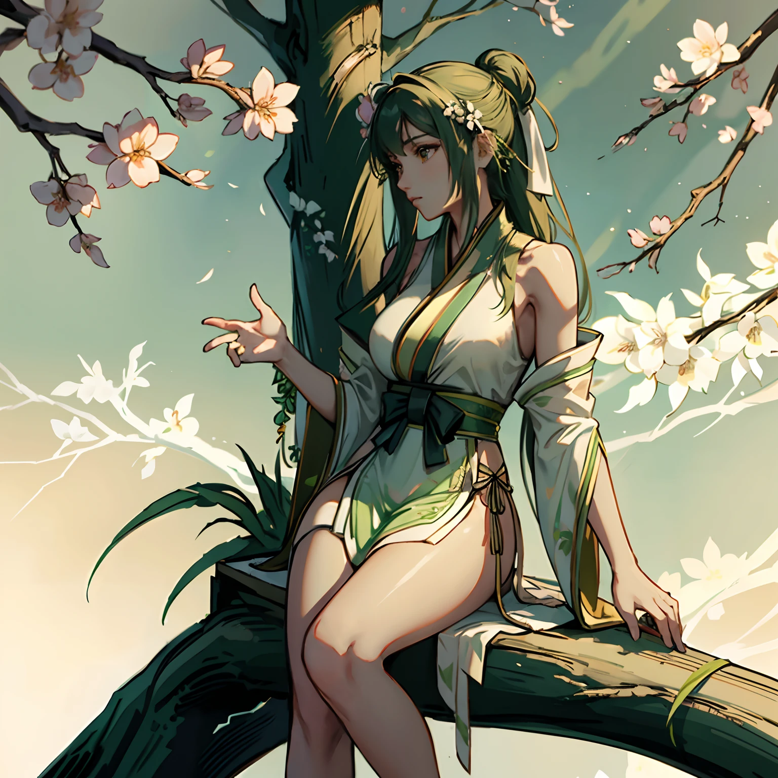 A very beautiful goddes sitting on a branch of big blossoms tree and wearing light green and white hanfu dress, feminine, long hair tied up --auto