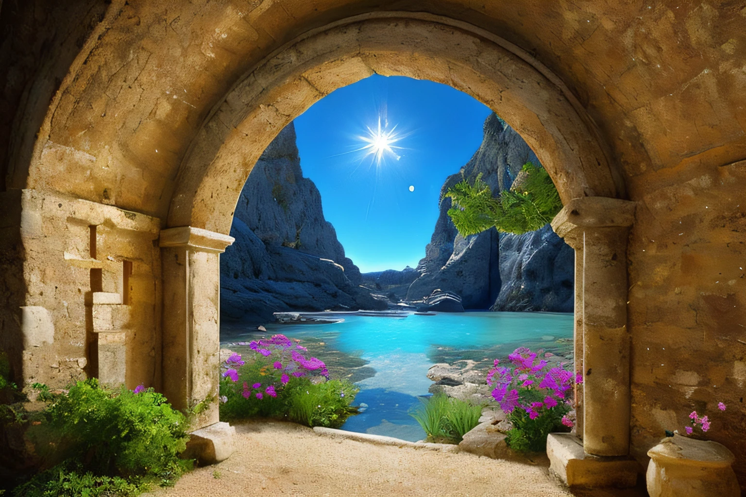 grotte, eau, fleurs, Star sky, Gold forged door,  la plus oeuvre du monde, plantes grimpantes, espace, glinting stars