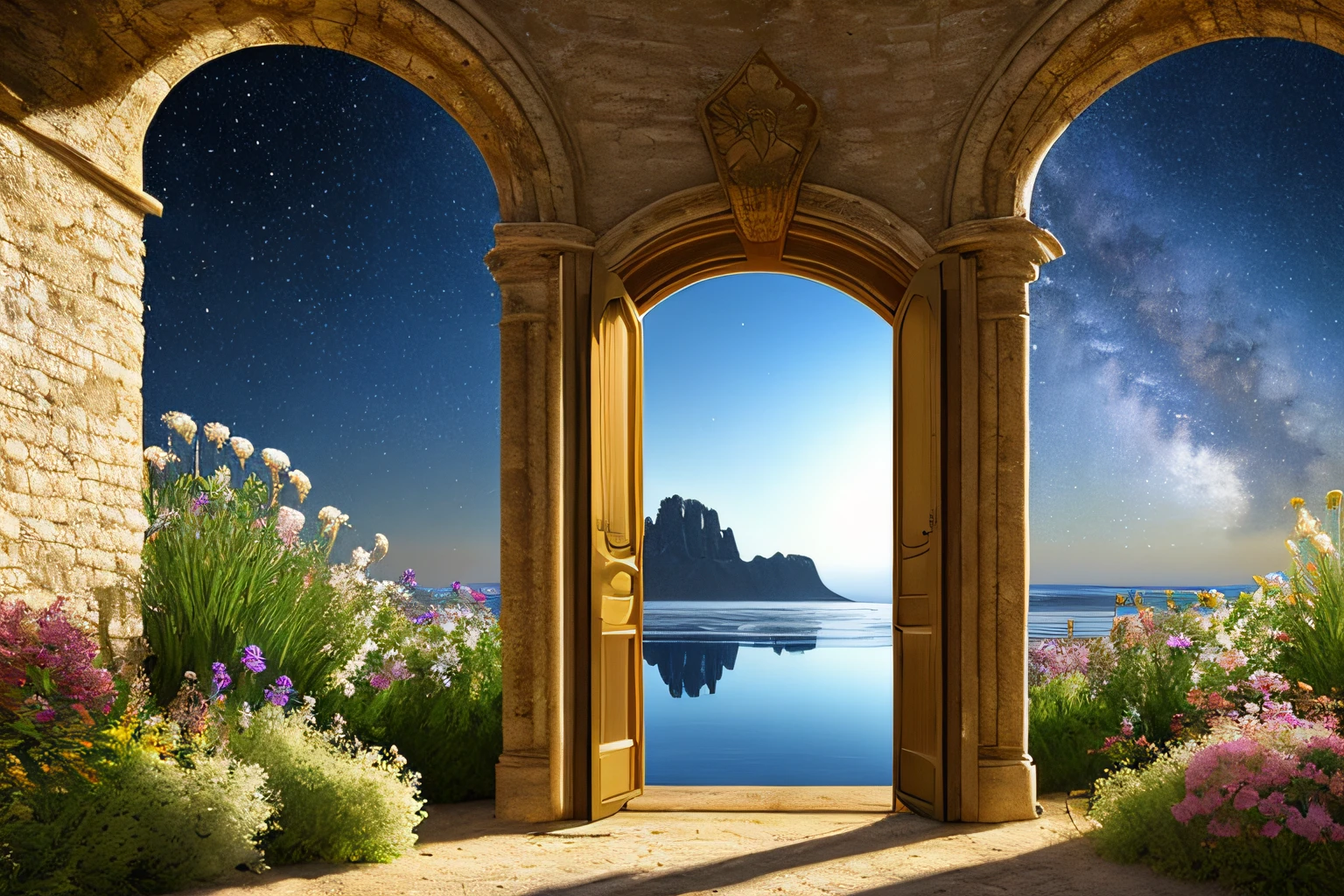 grotte, eau, fleurs, Star sky, Gold forged door,  la plus oeuvre du monde, plantes grimpantes, espace, glinting stars
