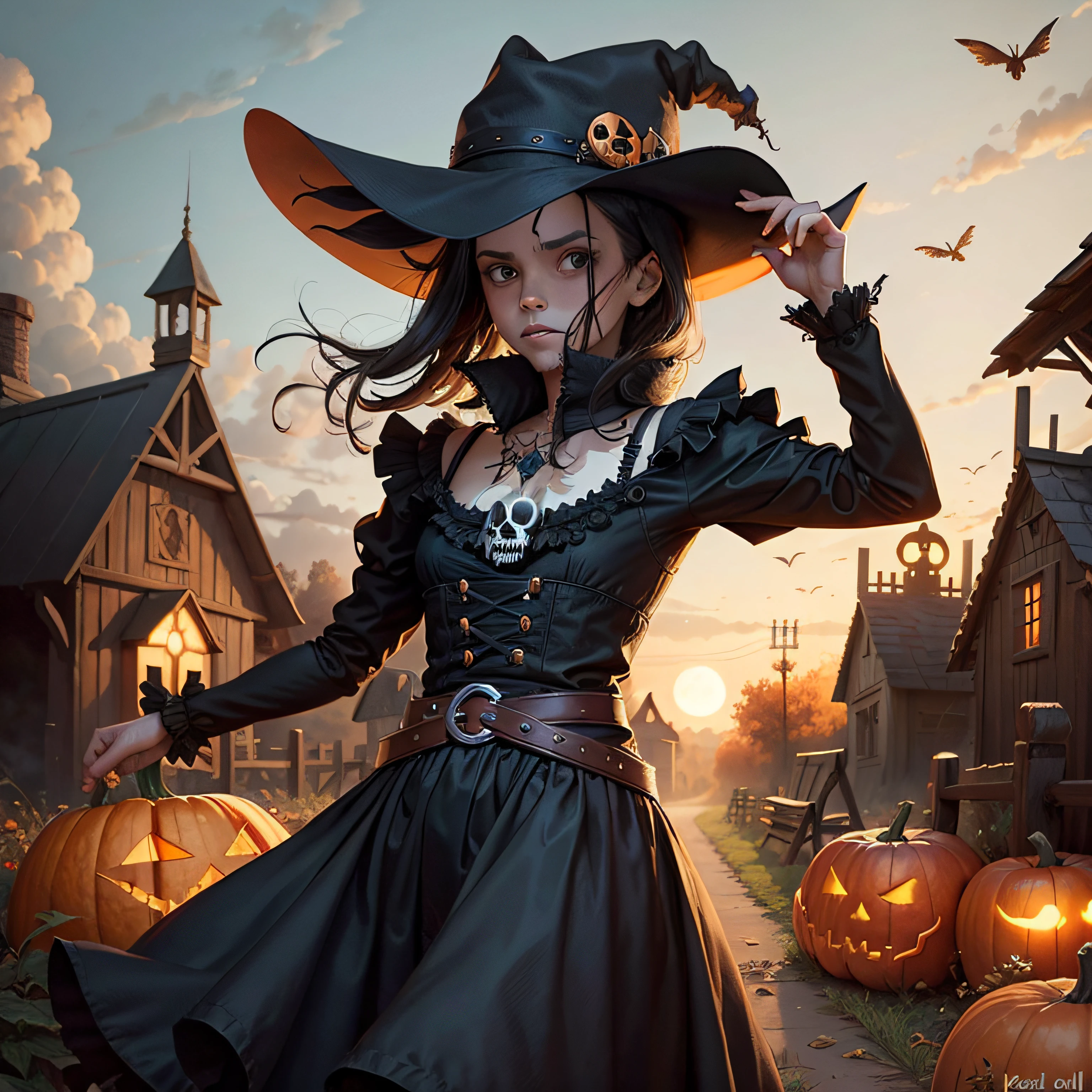 Scarecrow, gothic, fall, skulls, pumpkin patch, in the style of ken kelly, cute,