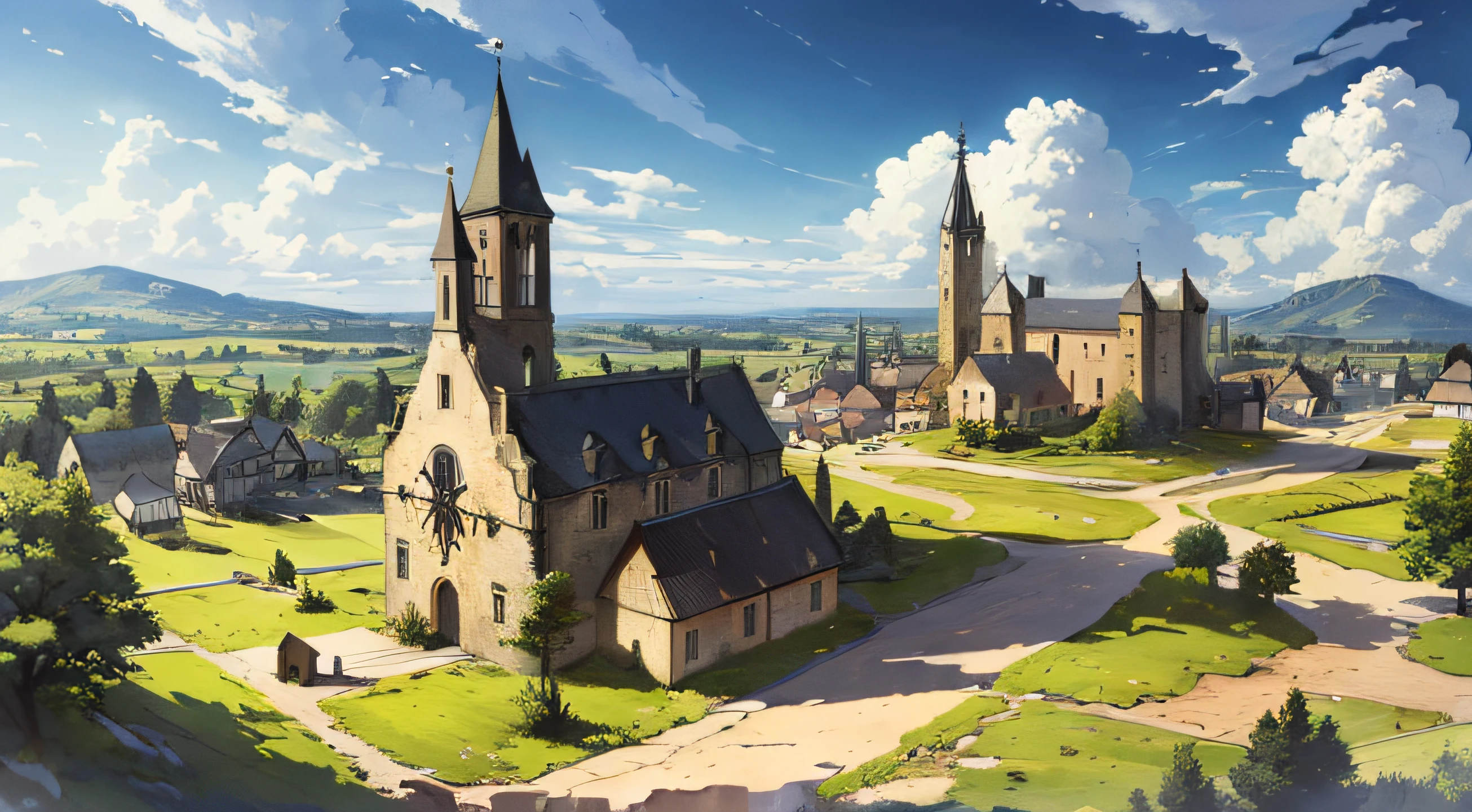 ((masterpiece)),((best quality)),((high detail)),((realistic,)) ((ultra detailed)) landscape of a small medieval town, cartoonist illustration, aeria view, beautiful sky, deformed clouds, 1.3:pine trees, towers, mills, church, stockpiles