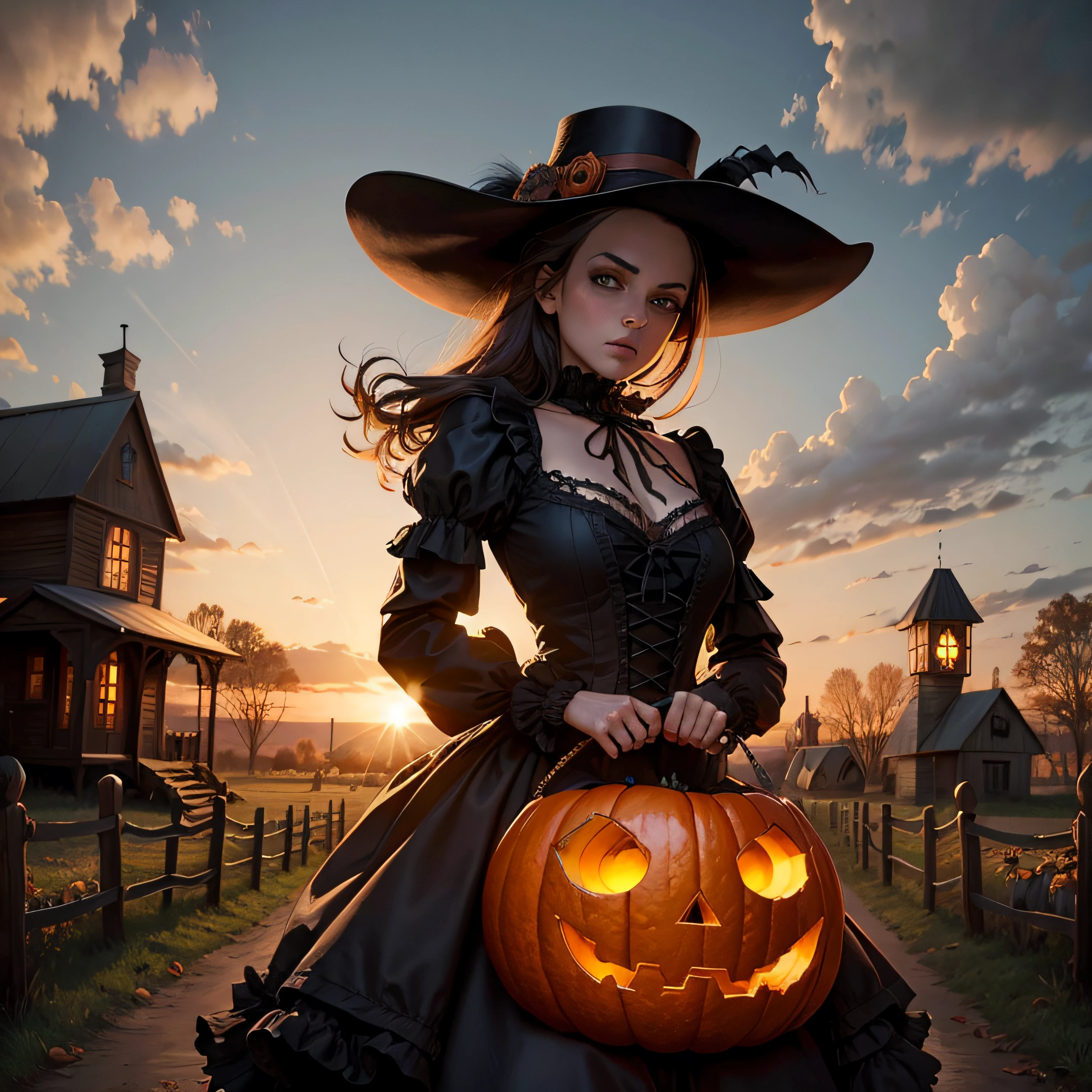 Scarecrow, gothic, fall, Victorian, skulls, pumpkin patch, in the style of Boris Vallejo, cute,