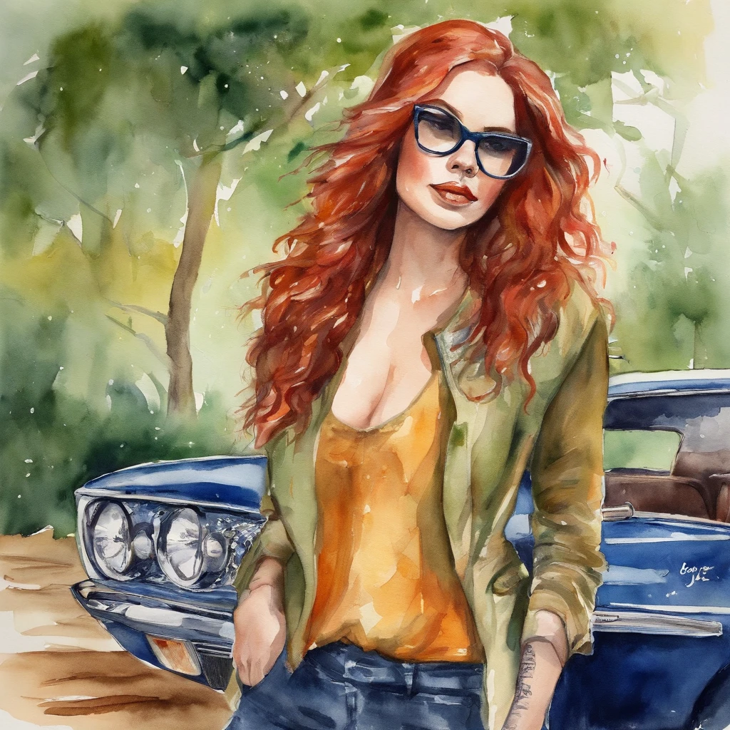 Car sales with glasses,Full body like,Sexy, Hot and charming,Red hair,Fashionable clothing。