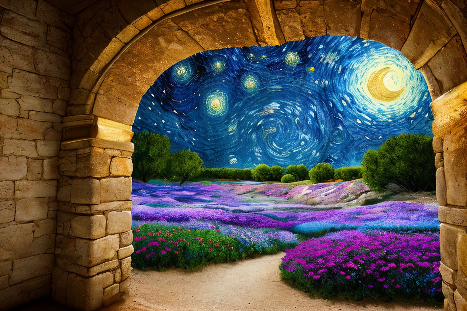 grotte, Eau, fleurs, starry night sky, Gold forged door, la plus oeuvre du monde, plantes grimpantes, espace, glinting stars