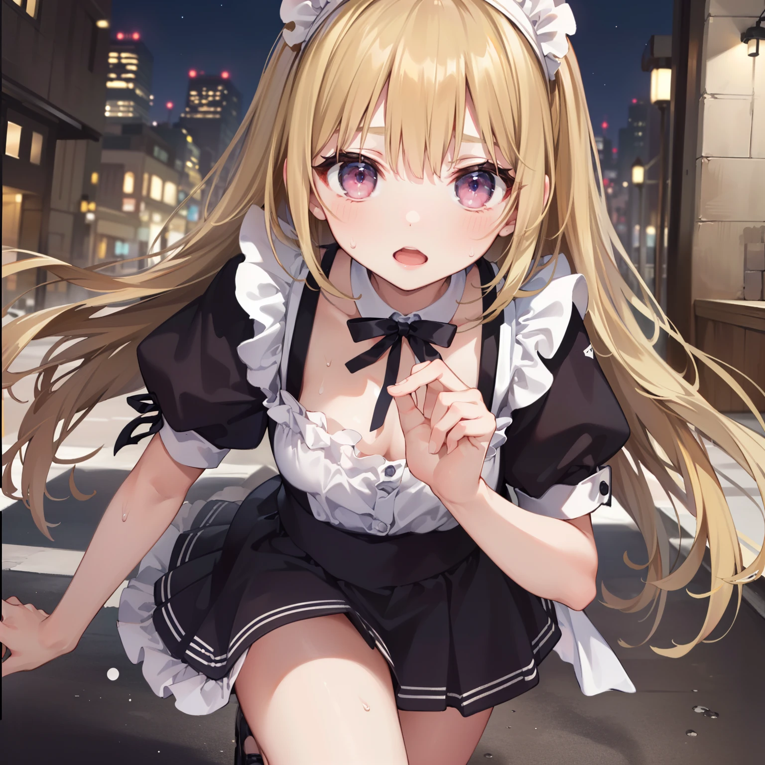 (masterpiece}, {hight resolution}, {Good anatomy}, (top-quality), (extremely delicate and beautiful), (8k cg wallpaper), (illustratio), 1 girl in, a blond, maid clothes, Ride at full speed around the city, Mass sweat, Desperate form, a miniskirt