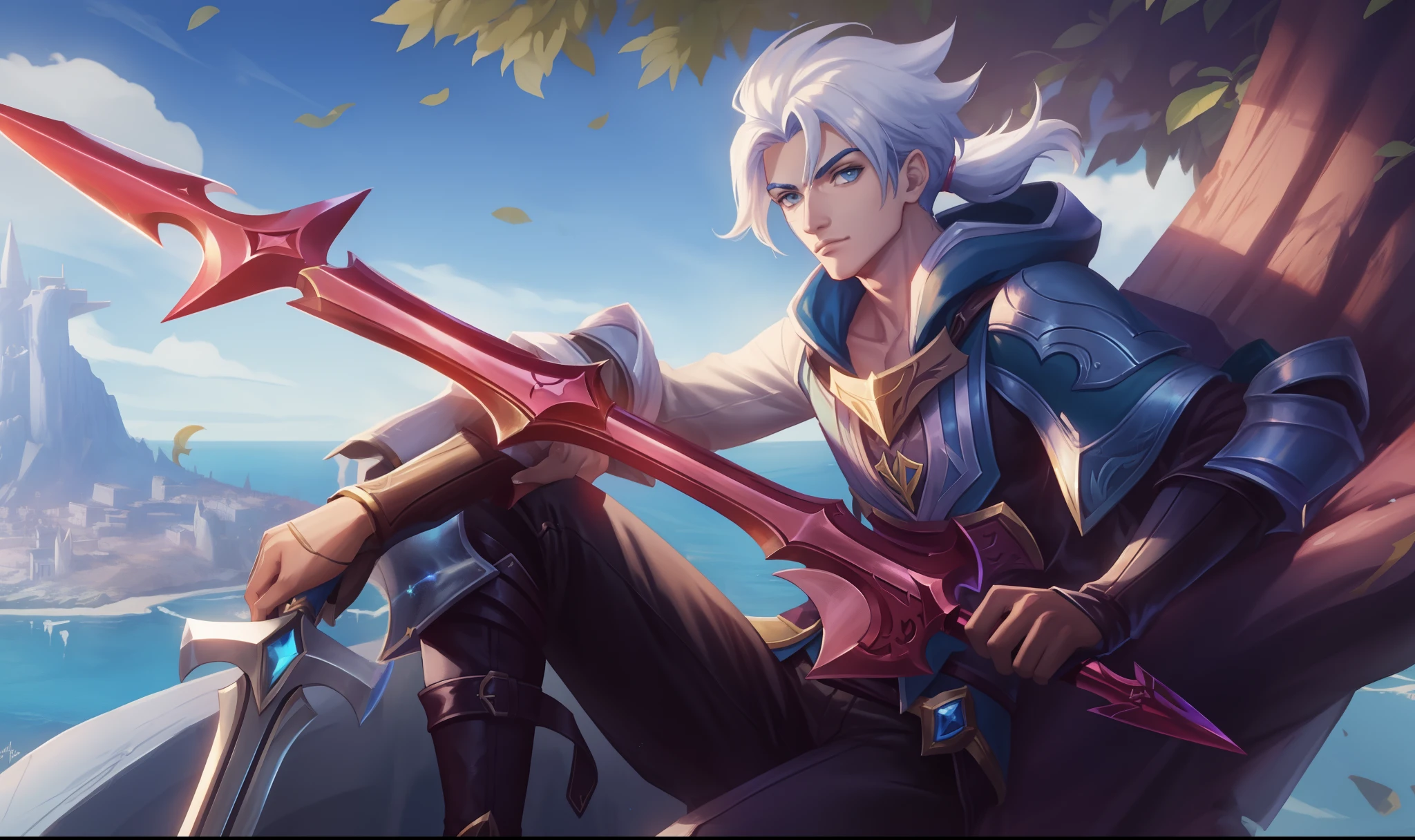 um home. with a sword sitting in a tree in front of a city, Personagem de League of Legends, Sylas, amazing portrait of viego, de League of Legends, Arte do personagem de League of Legends, Ashe, Splash Art Oficial, XQC, iconic character splash art, Dividido, Astri Lohne, O estilo de Kieran Yanner, League of Legends arte splash