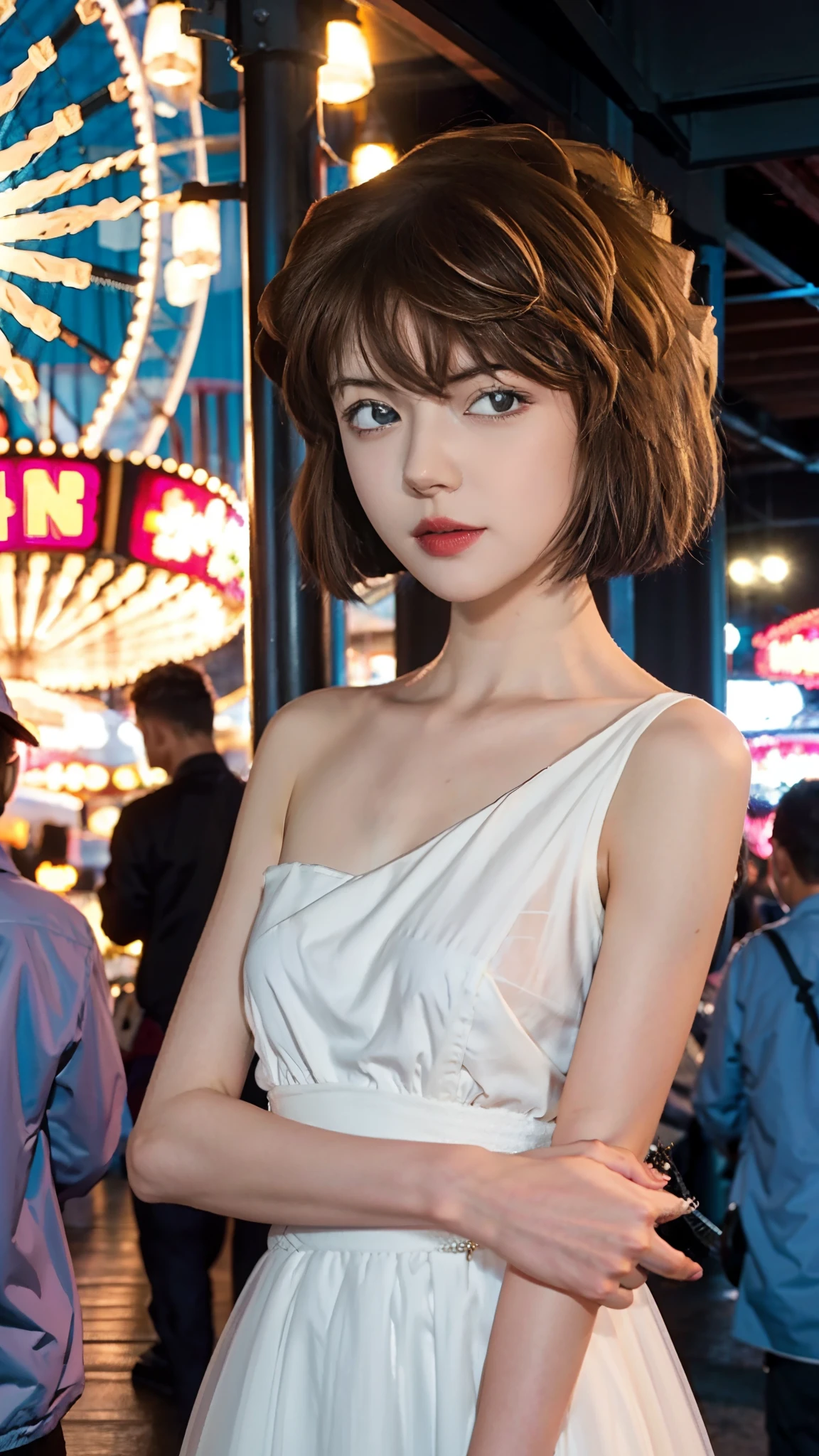 1 girl, slim，thin, small breasts,Shoulder length Fluffy short curly hair ,white dress，looking at the camera，Amusement Park, Ferris Wheel