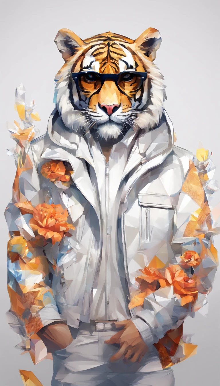 Perfect alignment, Cute little tiger wearing a jacket,crystal vases,Rose flower, Wearing sunglasses, cheerfulness, Standing position, Abstract beauty, Centered, Looking at the camera, Facing the camera, nearing perfection, Dynamic, Highly detailed, smooth, Sharp focus, 8K, high definition resolution, illustration, Art by Carne Griffiths and Wadim Kashin, White background