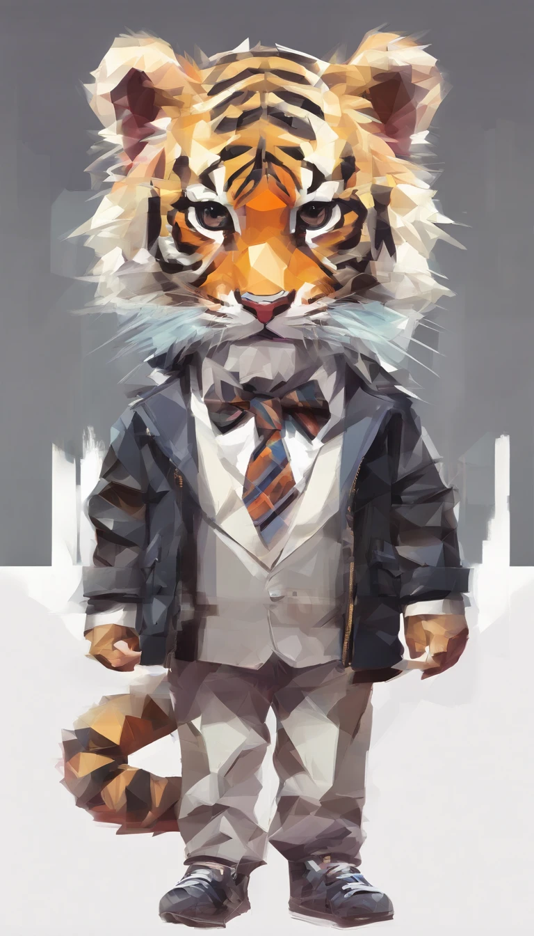 Perfect alignment, Cute little tiger wearing a jacket，crystal vases，Rose flower, Wearing sunglasses, cheerfulness, Standing position, Abstract beauty, Centered, Looking at the camera, Facing the camera, nearing perfection, Dynamic, Highly detailed, smooth, Sharp focus, 8K, high definition resolution, illustration, Art by Carne Griffiths and Wadim Kashin, White background