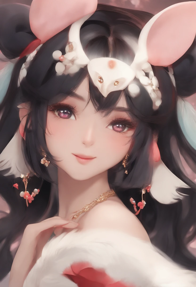 black hair, hair bobbles, wince, longeyelashes, solid circle eyes, fake animal ears, light smile, ear blush, fang, Surrealism, drop shadow, anaglyph, stereogram, tachi-e, pov, atmospheric perspective, 8k, super detail, ccurate, best quality