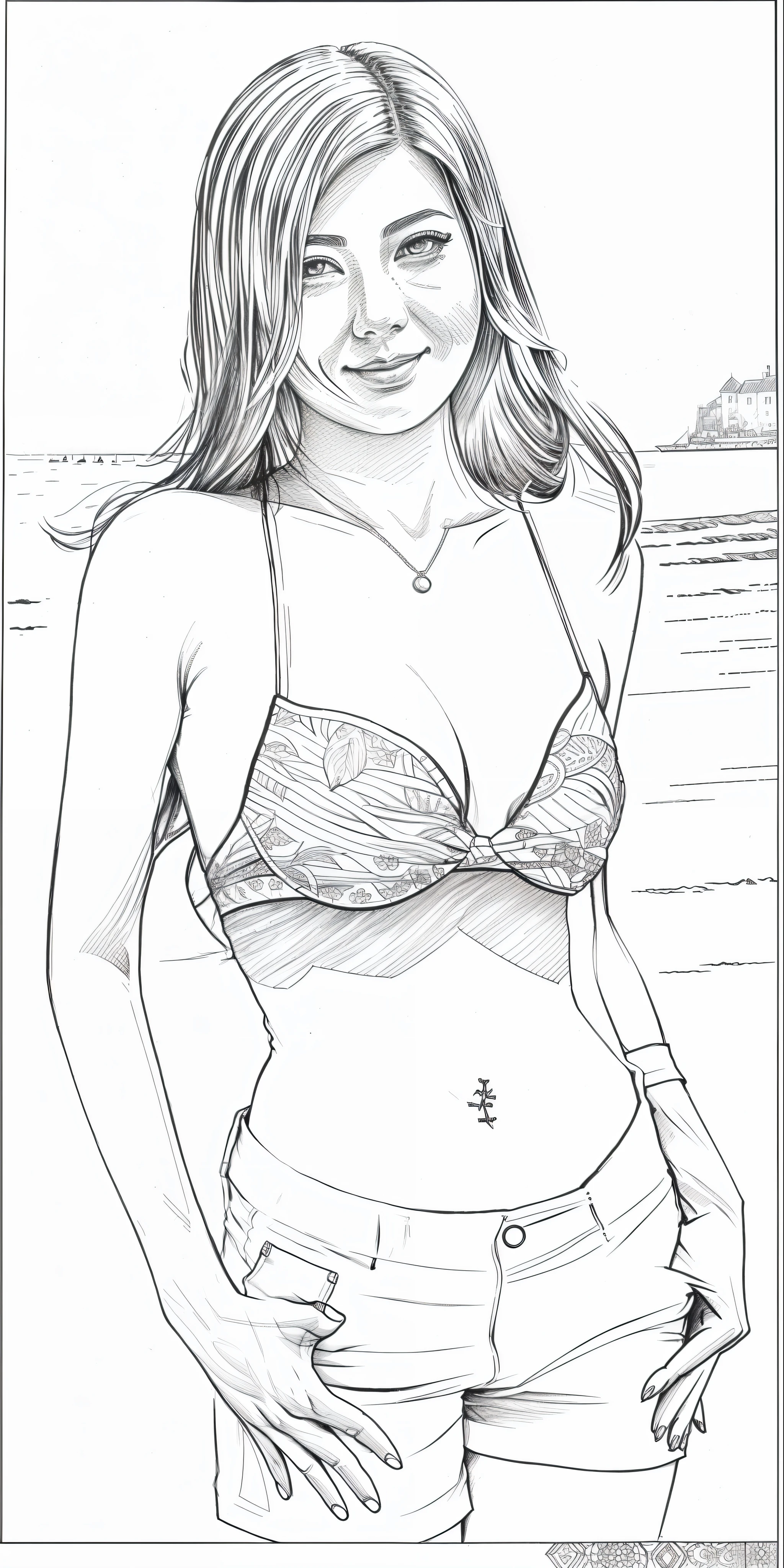 black ball pen sketch line art,super detail sketch,detail cross-hatching,seaside background