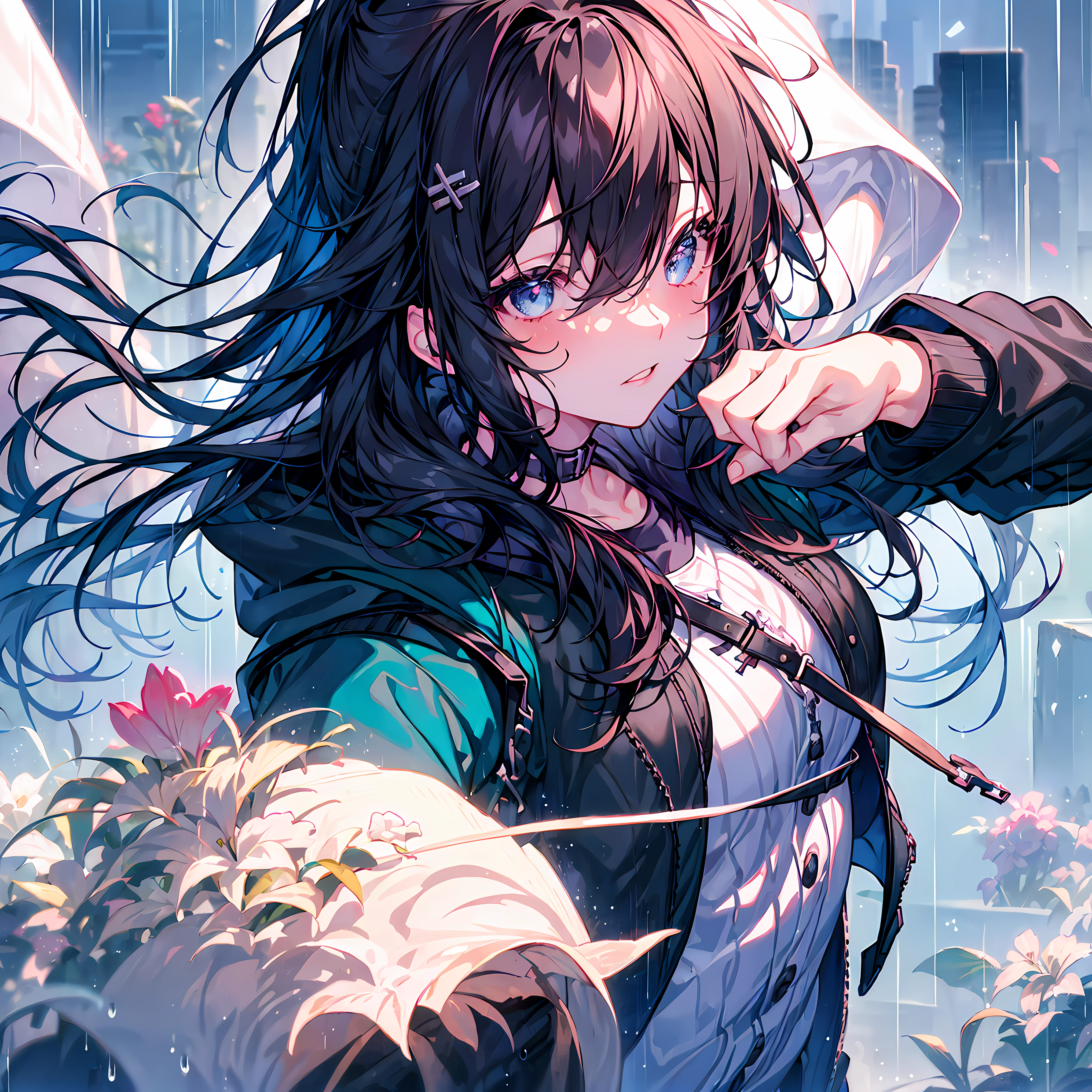 1girl, jacket, rain, outdoor, hoodie, open jacket, chain, backpack, looking at another, messy hair, trending on artstation, 8k resolution, highly detailed, anatomically correct, sharp image, digital painting, concept art, trending on pixiv, style of makoto shinkai,