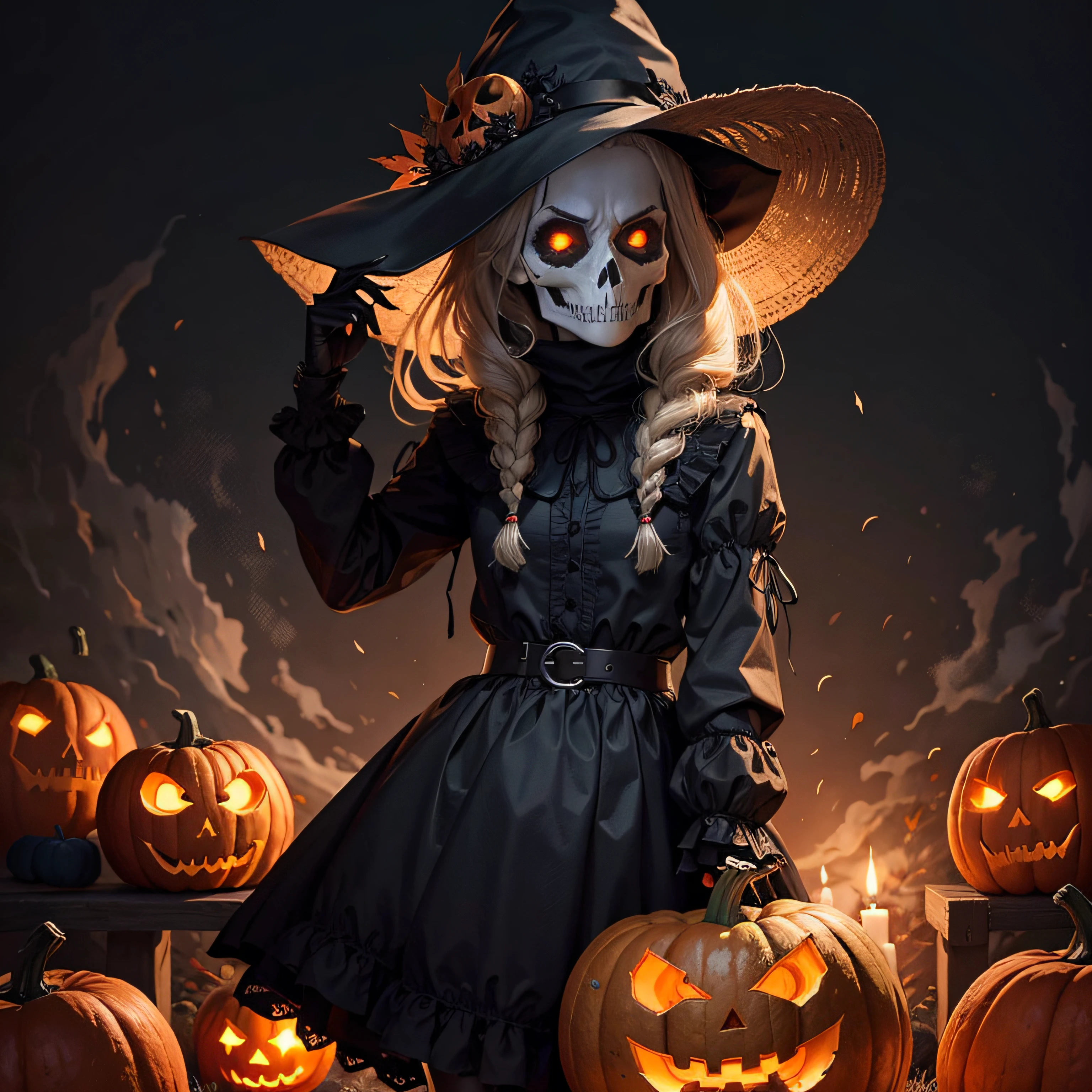 Evil scarecrow, gothic, fall season, skull, pumpkins,