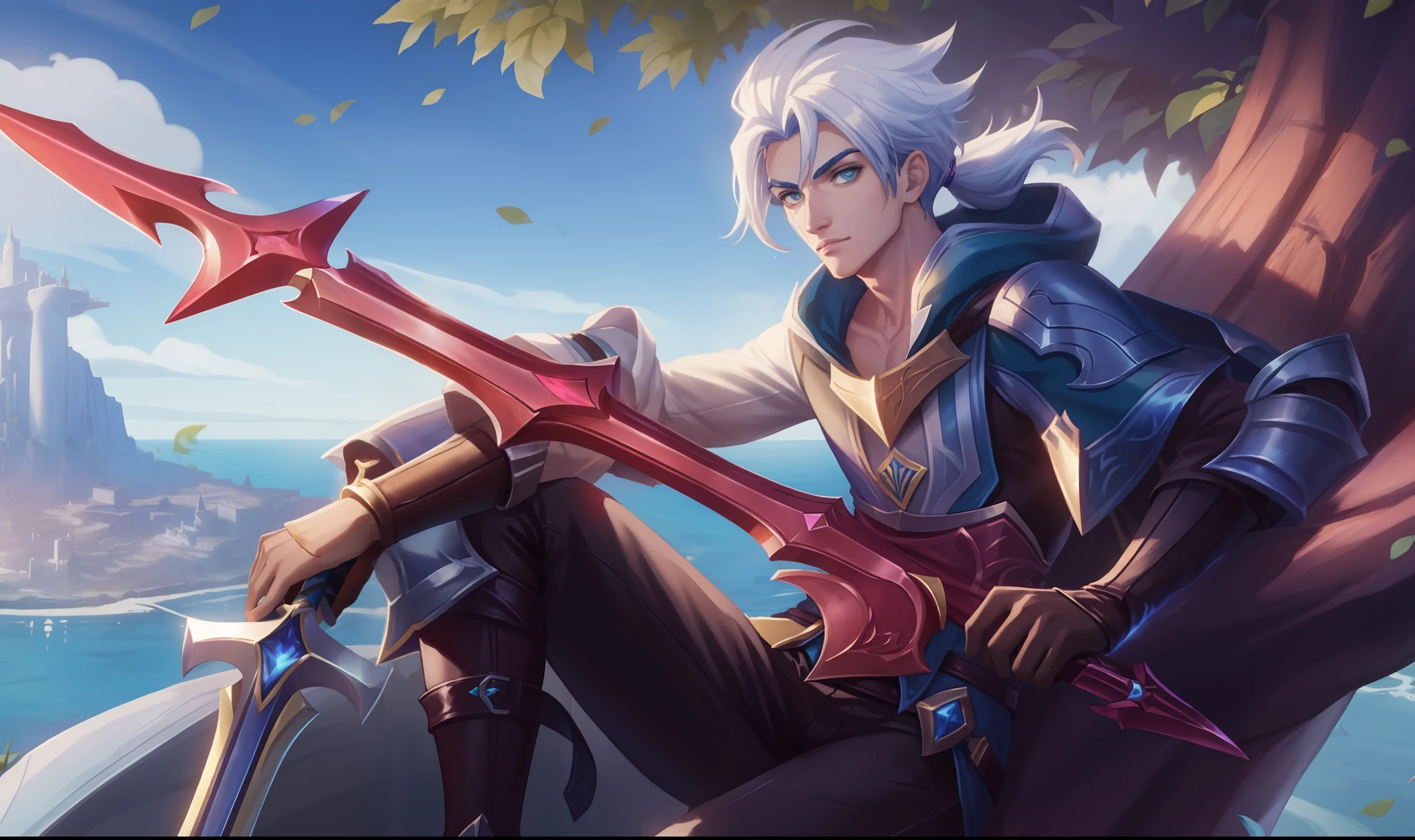 um home. with a sword sitting in a tree in front of a city, Personagem de League of Legends, Sylas, amazing portrait of viego, de League of Legends, Arte do personagem de League of Legends, Ashe, Splash Art Oficial, XQC, iconic character splash art, Dividido, Astri Lohne, O estilo de Kieran Yanner, League of Legends arte splash