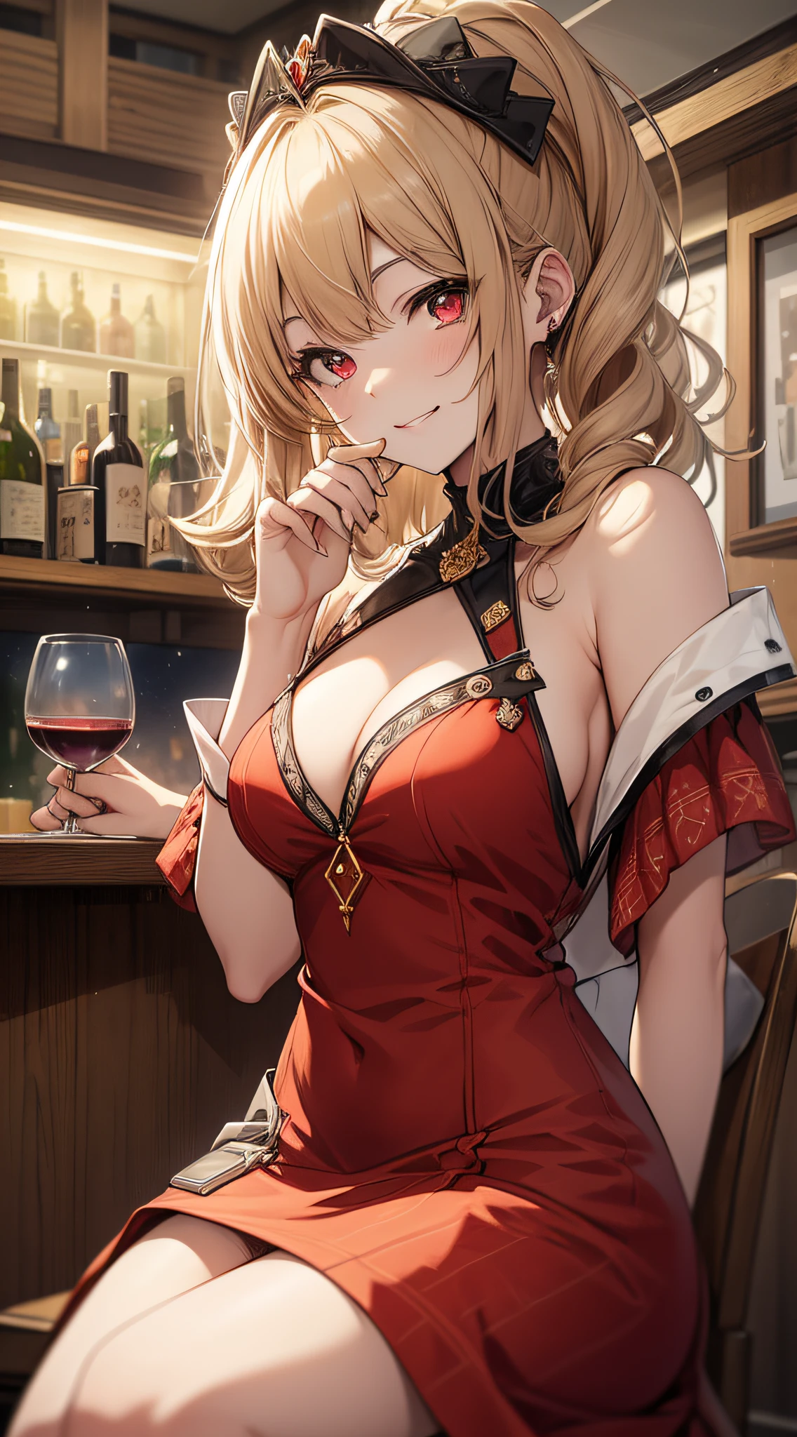 top-quality、Top image quality、​masterpiece、girl with((18year old、Black and red dress、Best Bust、Bust 85、a blond、poneyTail、Red Eyes、open chest wide、Get closer to your audience、Happiness、A slight smil、Gold Accessories、a little drunk、holding a glass of wine、sit a chair)）hiquality、visualart、Background with((Night Bar Counter))、