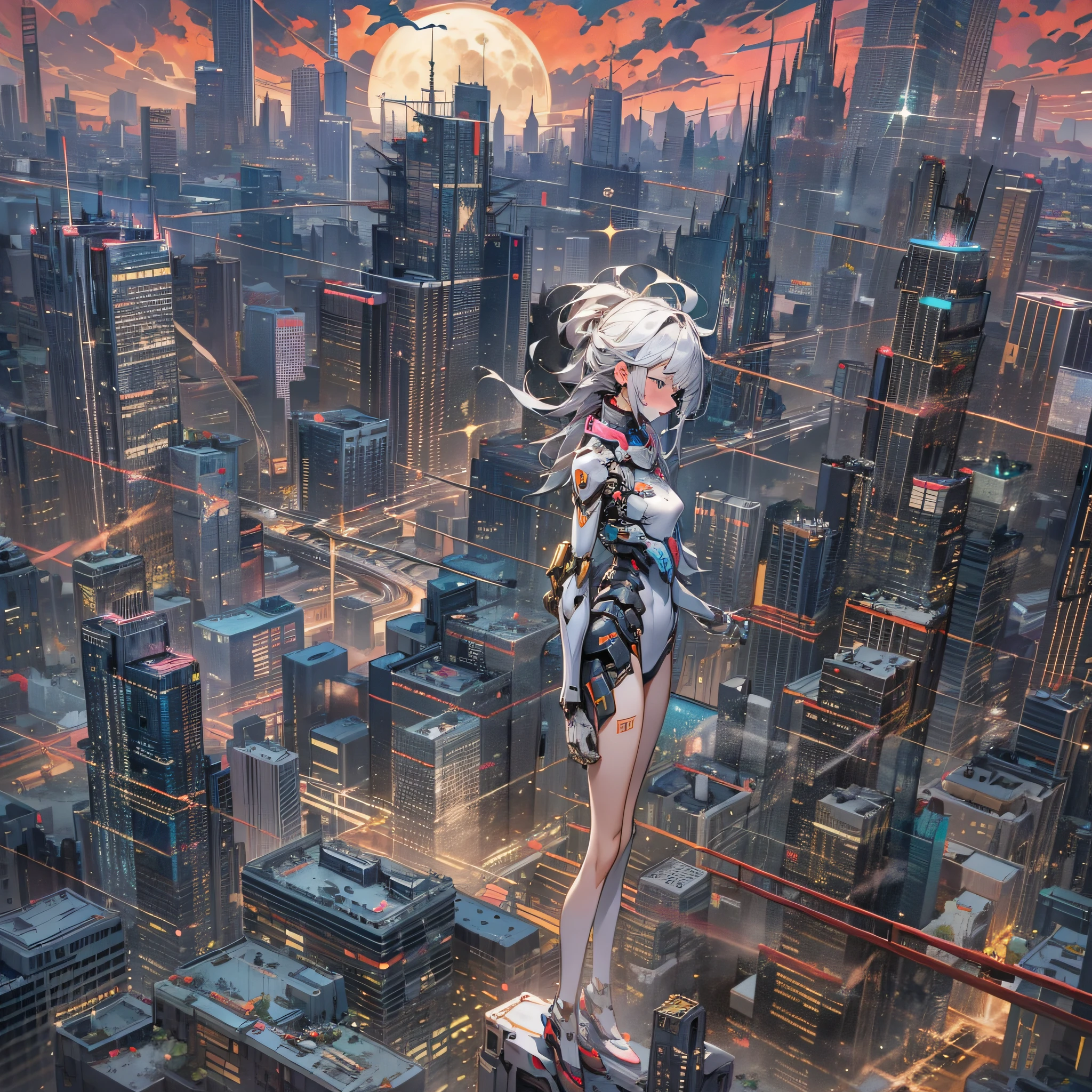 (((masterpiece)))、(((top-quality)))、((ultra-definition))、(High Definition CG Illustration)、((extremely delicate and beautiful))、Cyber Girl Flying in the Sky、City of the Future、Cinematic Light、独奏、full body Esbian、cyberpunked、2040s、animesque、dreamy cyberpunk girl、rainbow hair、in renaissance style、Marie Antoinette style、trending on artstationh、Rachel Walker、