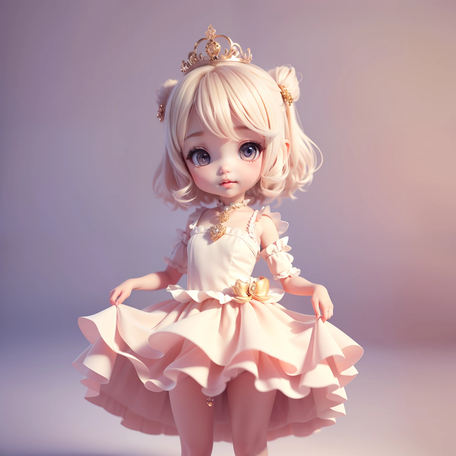 Cute Chibi Anime、(((Chibi 3D))) (Best Quality), (masutepiece)、Pristine white dress with ethereal transparency,(pure), Princess Crown、Standing, (Curtsey:1.5), (Lightly lift the skirt of the dress:1.3) 、State Guest House Ball、(tchibi:1.2),