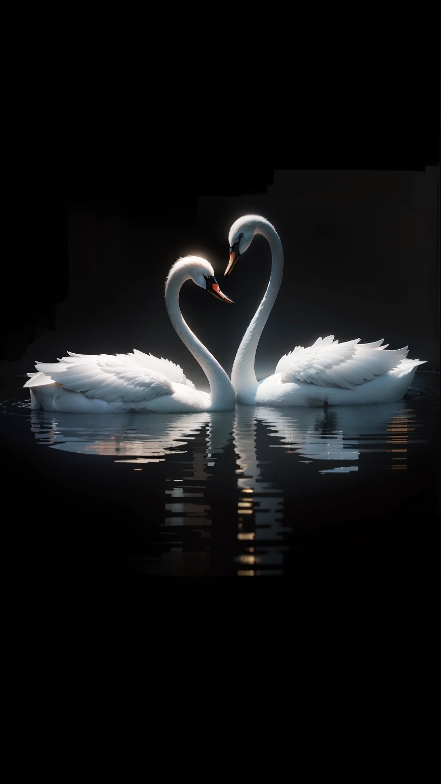 Black background，Light，Two white swans in love。