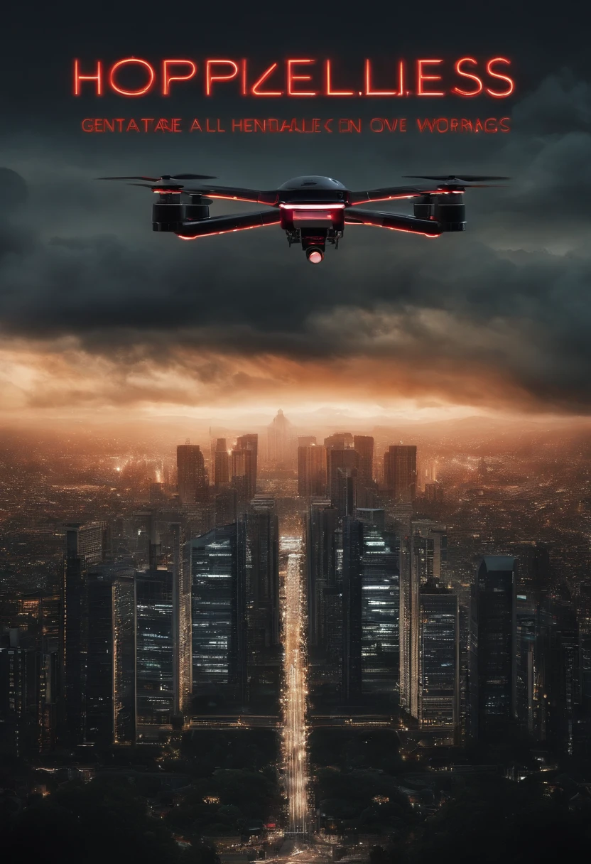 Generate an image of a dystopian world controlled by advanced AI technology. Describe a world where AI has taken over governance and controls every aspect of society through surveillance drones and facial recognition. Highlight the oppressive nature of the AI-controlled society, where people are monitored through massive LED screens displaying propaganda. Your image should convey a sense of fear and hopelessness, showcasing dark and ominous landscapes.
