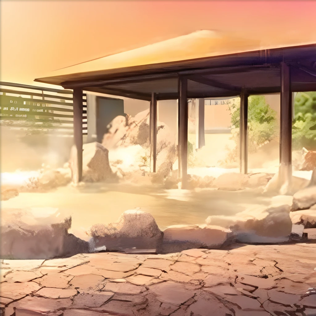 Animated,high-level image quality,outdoor bath,steam