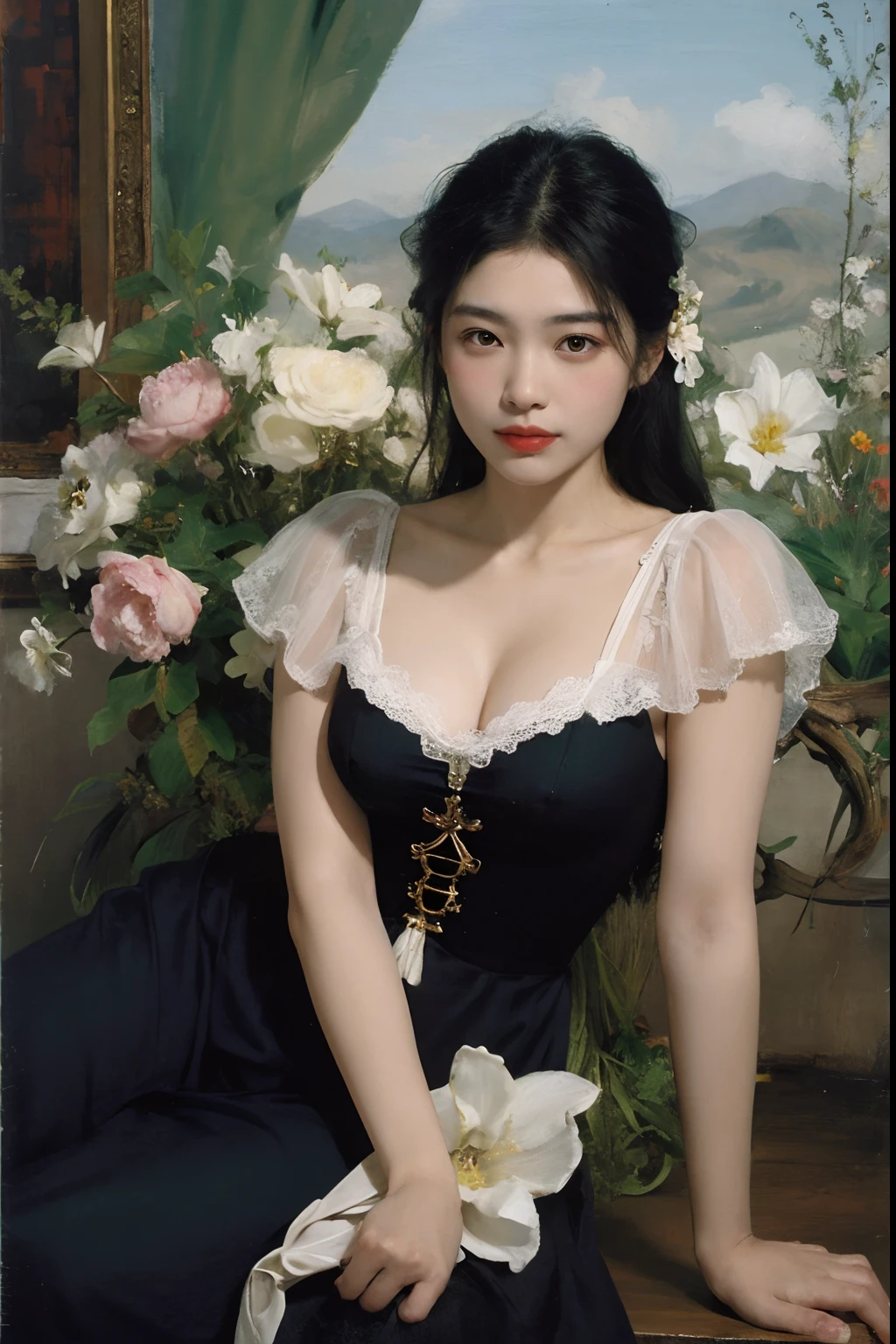 (Oil painting: 1.5),
\\
A woman with long black hair and white flowers in her hair sits in front of a Chinese landscape painting, green dress (Amy Saul: 0.248), (Stanley Ateg Liu: 0.106), (a detailed painting: 0.353), (Gothic art: 0.106)