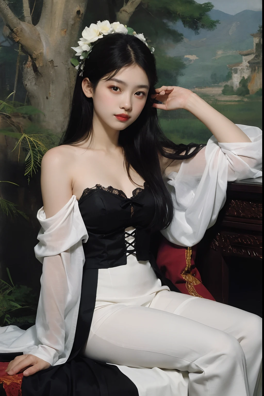 (Oil painting: 1.5),

\\

A woman with long black hair and white flowers in her hair sits in front of a Chinese landscape painting, white dress (Amy Saul: 0.248), (Stanley Ateg Liu: 0.106), (a detailed painting: 0.353), (Gothic art: 0.106)
