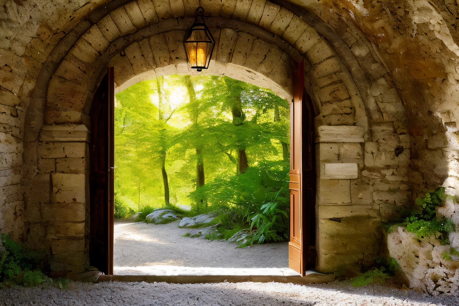 grotte, Eau, fleurs, , Gold forged door,  la plus oeuvre du monde, plantes grimpantes, espace,
