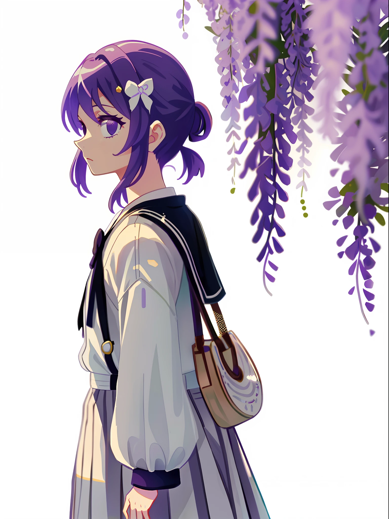 wisteria, white background, kocho shinobu, casual outfit, facing sideway, circle in the middle, casual outfit, sunset