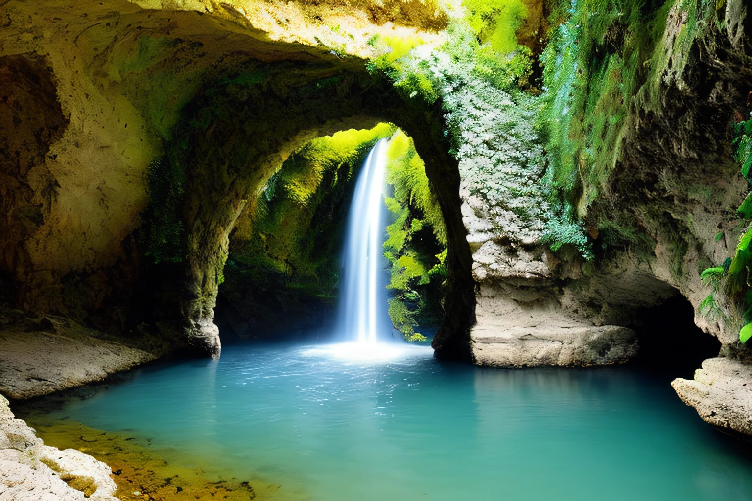 grotte, Eau, fleurs, , Gold forged door, la plus oeuvre du monde, plantes grimpantes, espace,