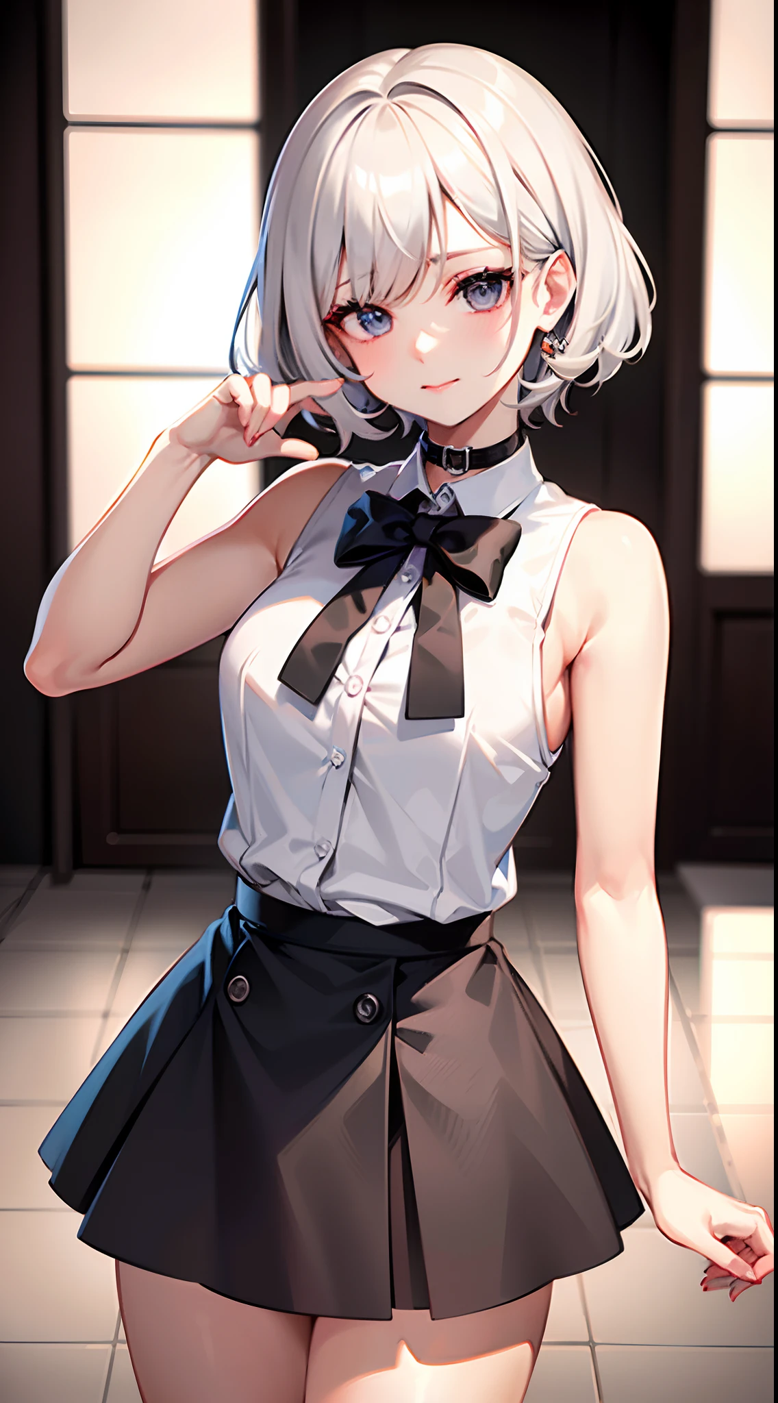 best quality, ultra high res, 1girl, sleeveless white button shirt, black skirt, black choker, cute, (Kpop idol), (aegyo sal:1), (platinum blonde hair:1), ((puffy eyes)), looking at viewer, full body, facing front